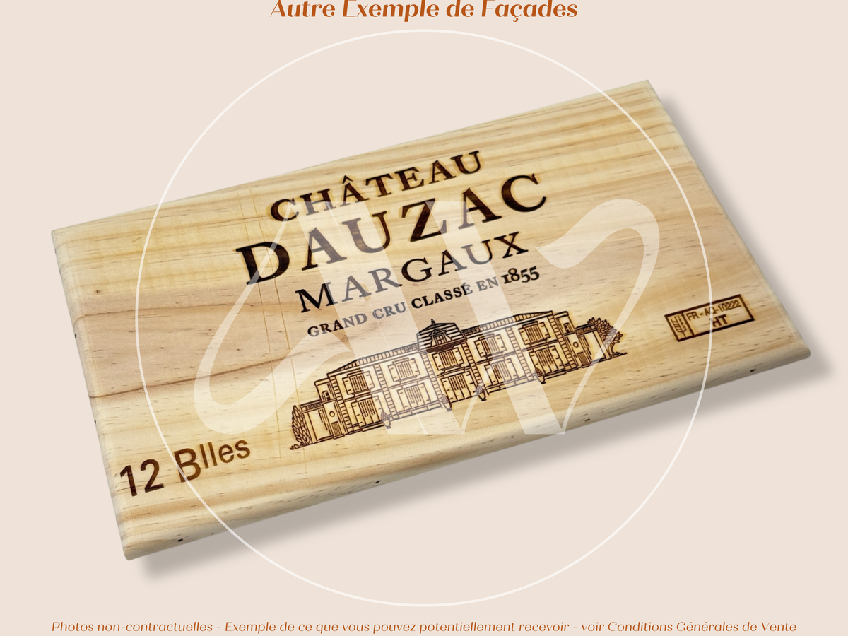 Estampe / Façade d'une caisse de vin en bois du Chateau Dauzac - Margaux - Bordeaux | Format 12 bouteilles = 30x17 cm