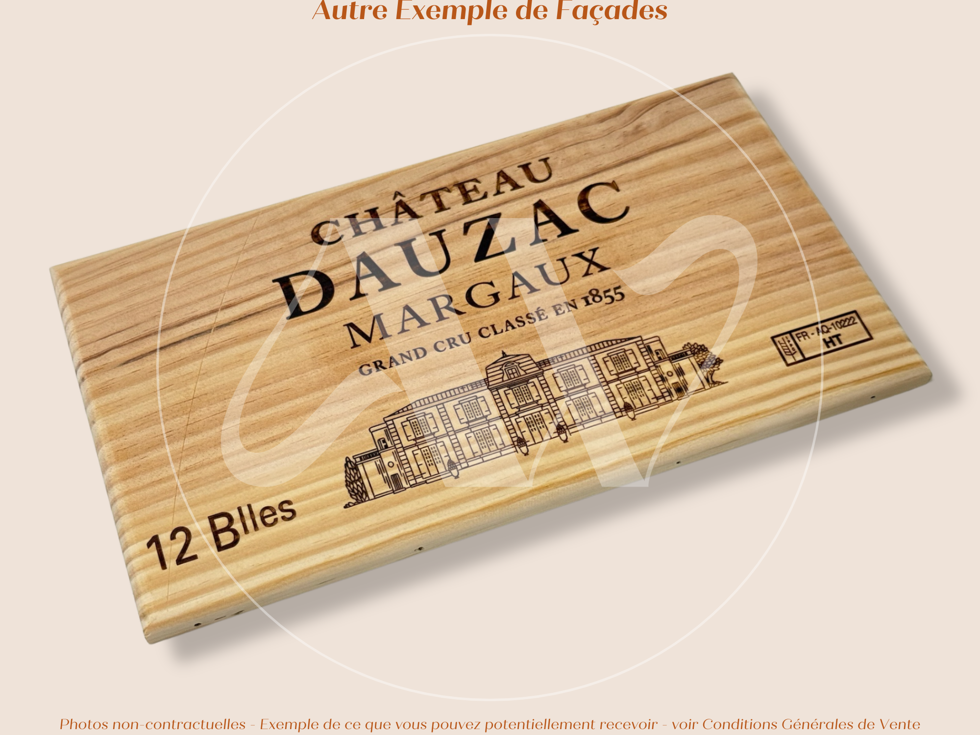 Estampe / Façade d'une caisse de vin en bois du Chateau Dauzac - Margaux - Bordeaux | Format 12 bouteilles = 30x17 cm