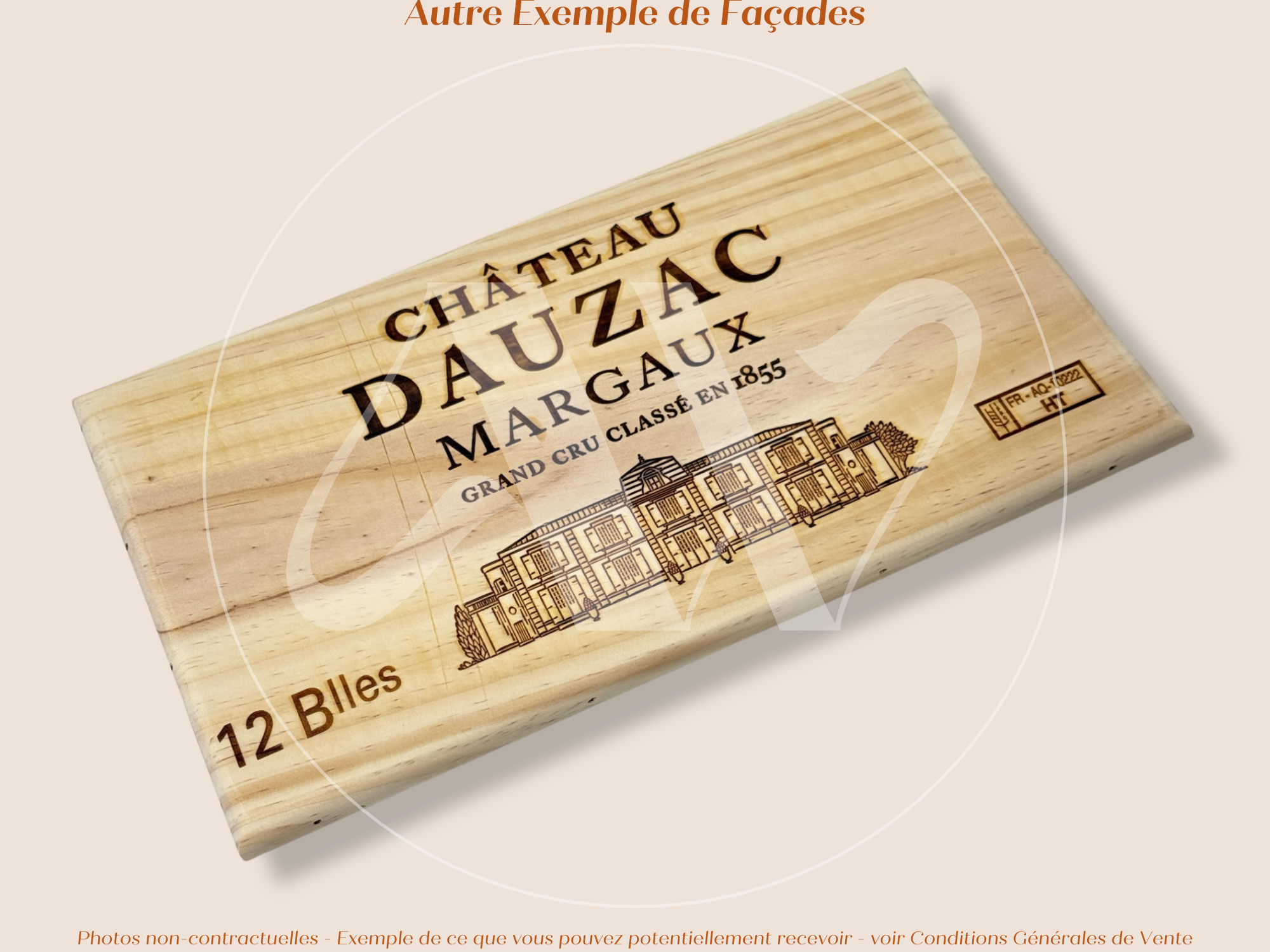 Estampe / Façade d'une caisse de vin en bois du Chateau Dauzac - Margaux - Bordeaux | Format 12 bouteilles = 30x17 cm