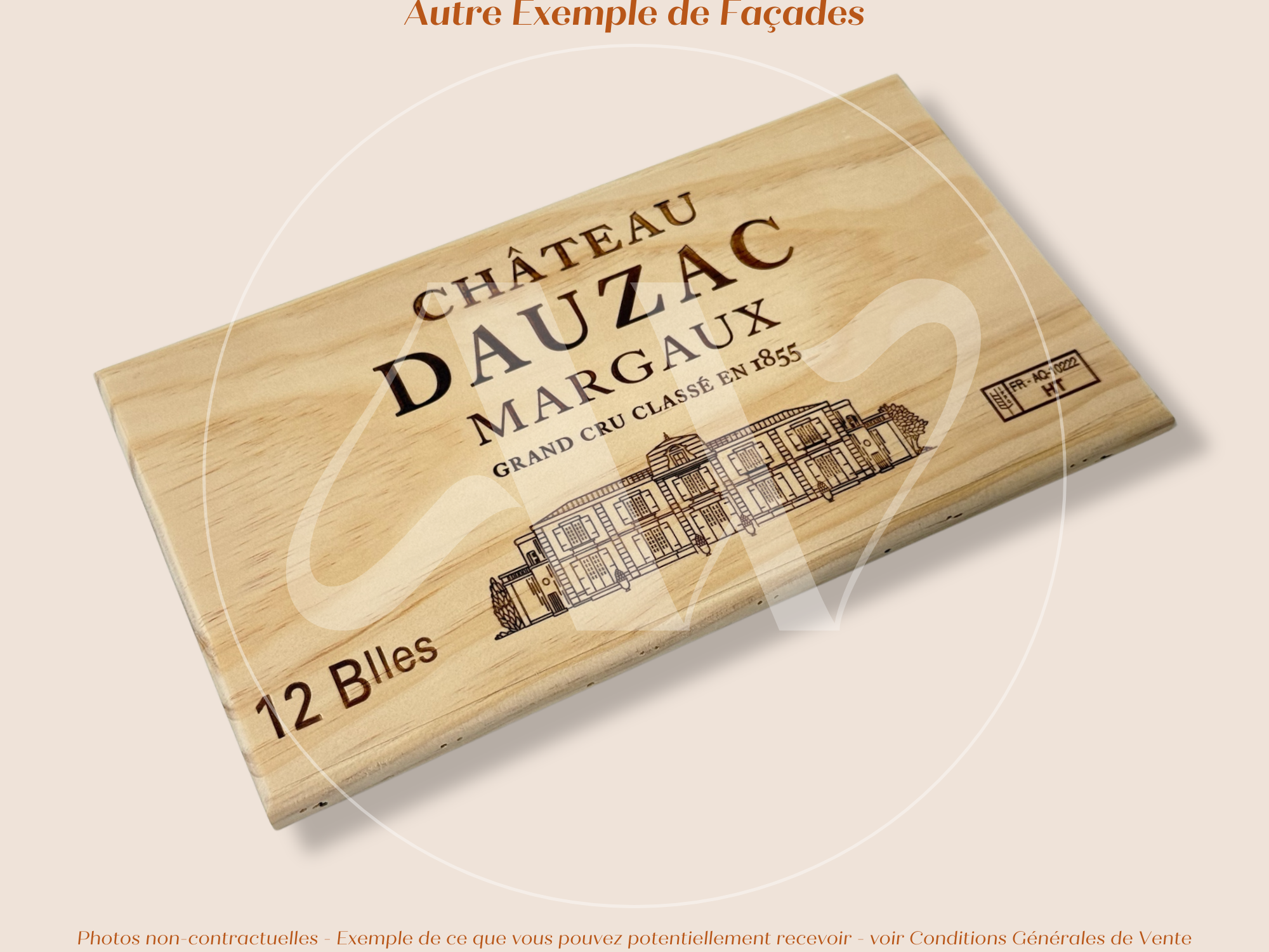 Estampe / Façade d'une caisse de vin en bois du Chateau Dauzac - Margaux - Bordeaux | Format 12 bouteilles = 30x17 cm