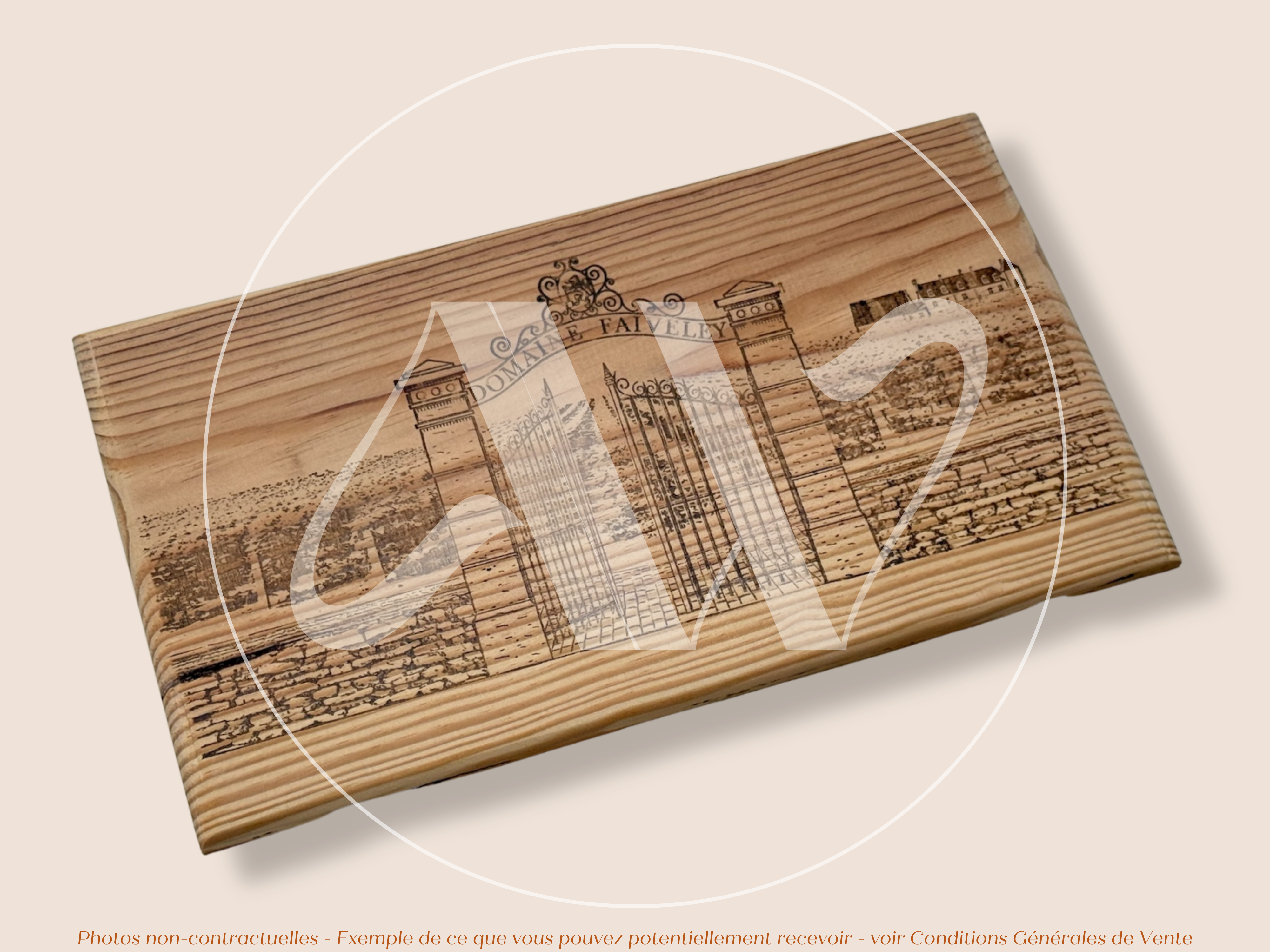 Domaine Faiveley — Nouveau modèle — Nuits-Saint-Georges — Côte de Nuits — Bourgogne — France — Sans millésime — 30 × 17 cm — Façade plaque caisse de vin en bois