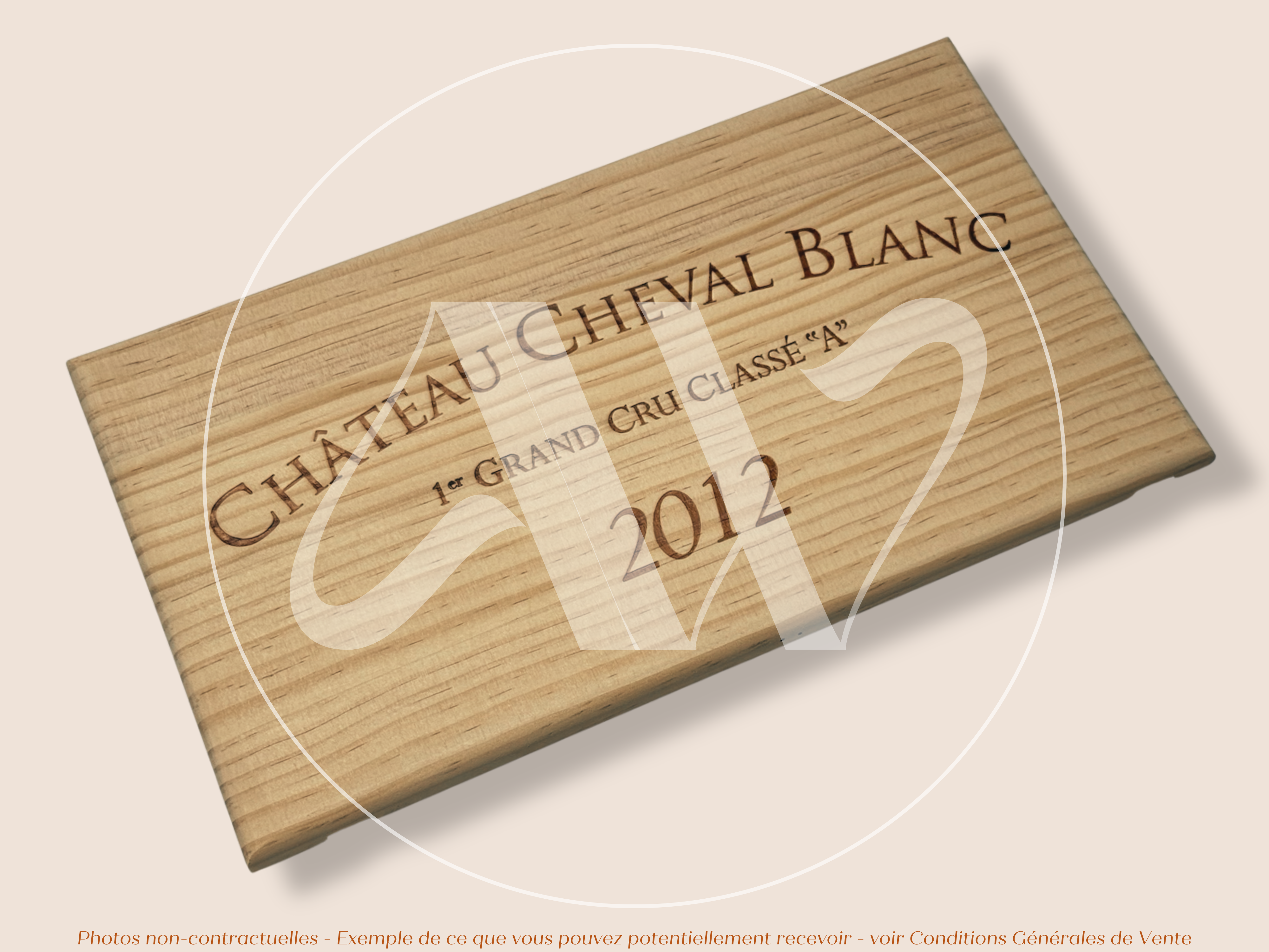 Estampe de caisse de vin Château Cheval Blanc 2012 - Bordeaux – Format 30x17 cm – Millésime 2012 - Façade Estampe bois