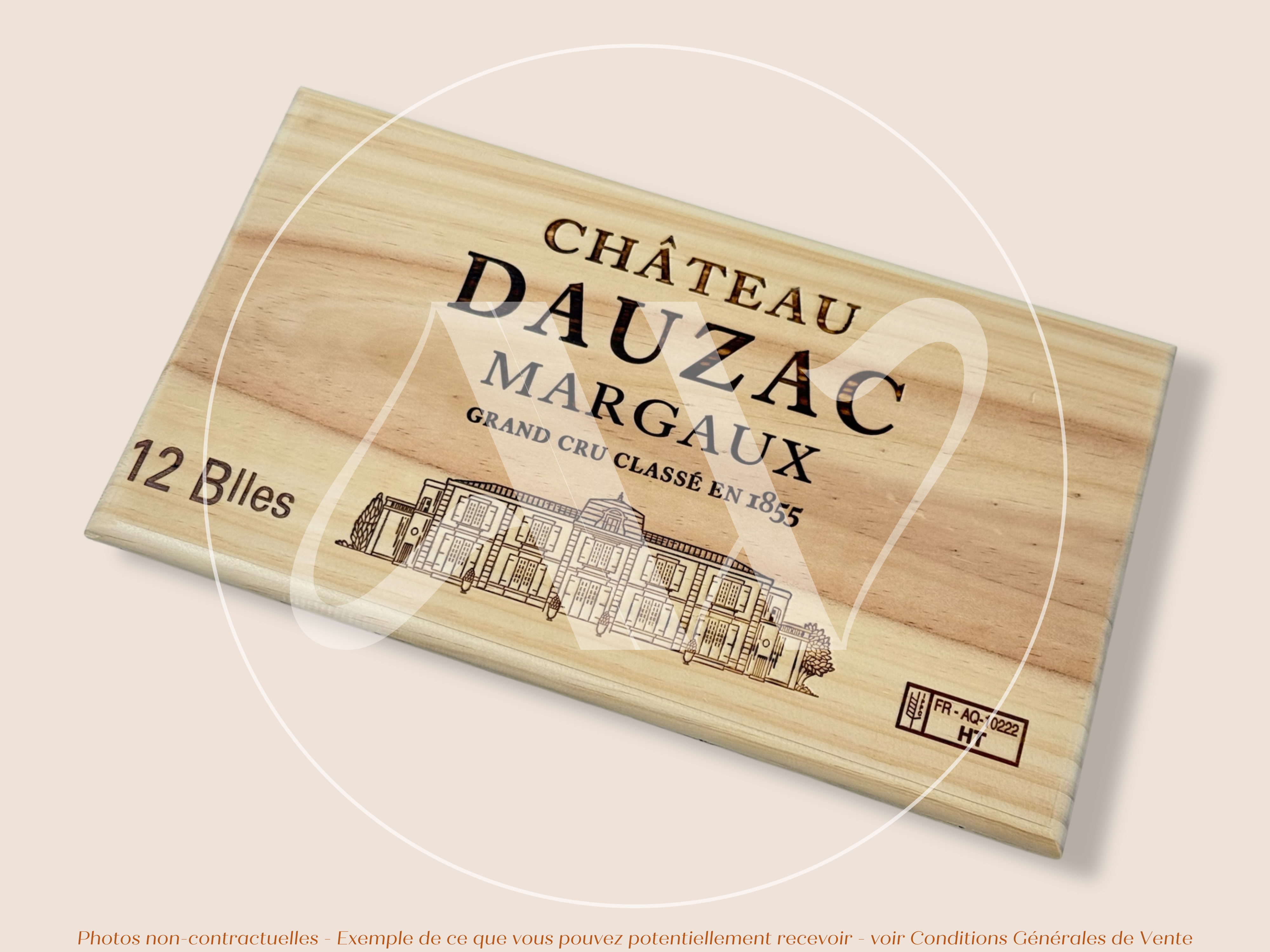 Estampe / Façade d'une caisse de vin en bois du Chateau Dauzac - Margaux - Bordeaux | Format 12 bouteilles = 30x17 cm