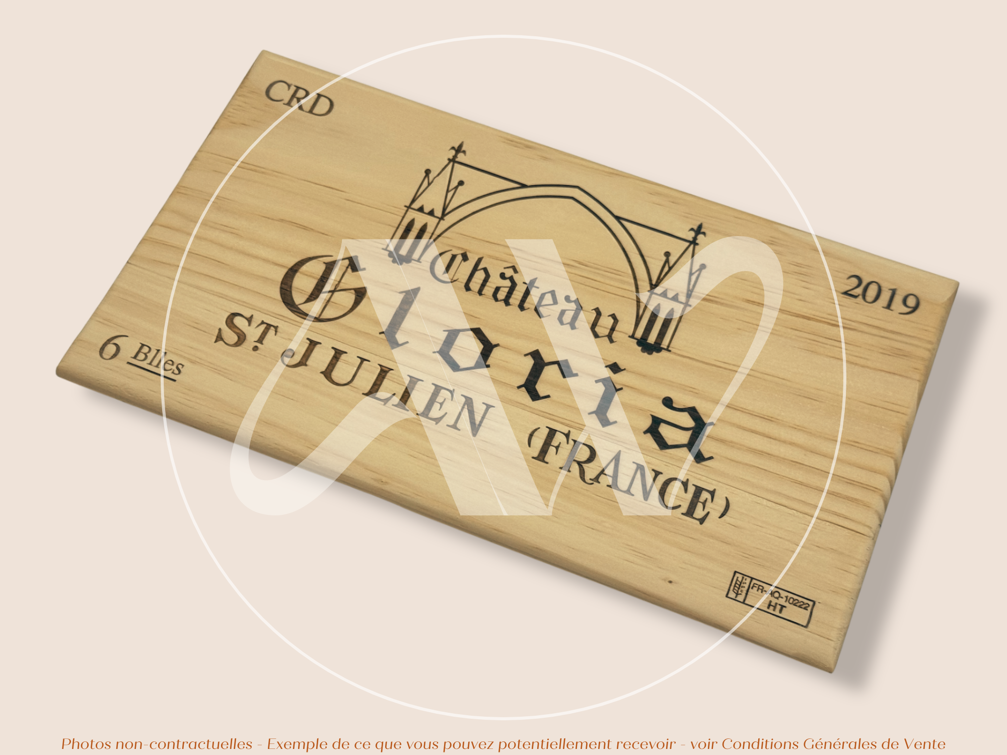 Estampe de caisse de vin – Château Gloria 2019 – Saint-Julien, Bordeaux – 30 × 17 cm – Pièce unique