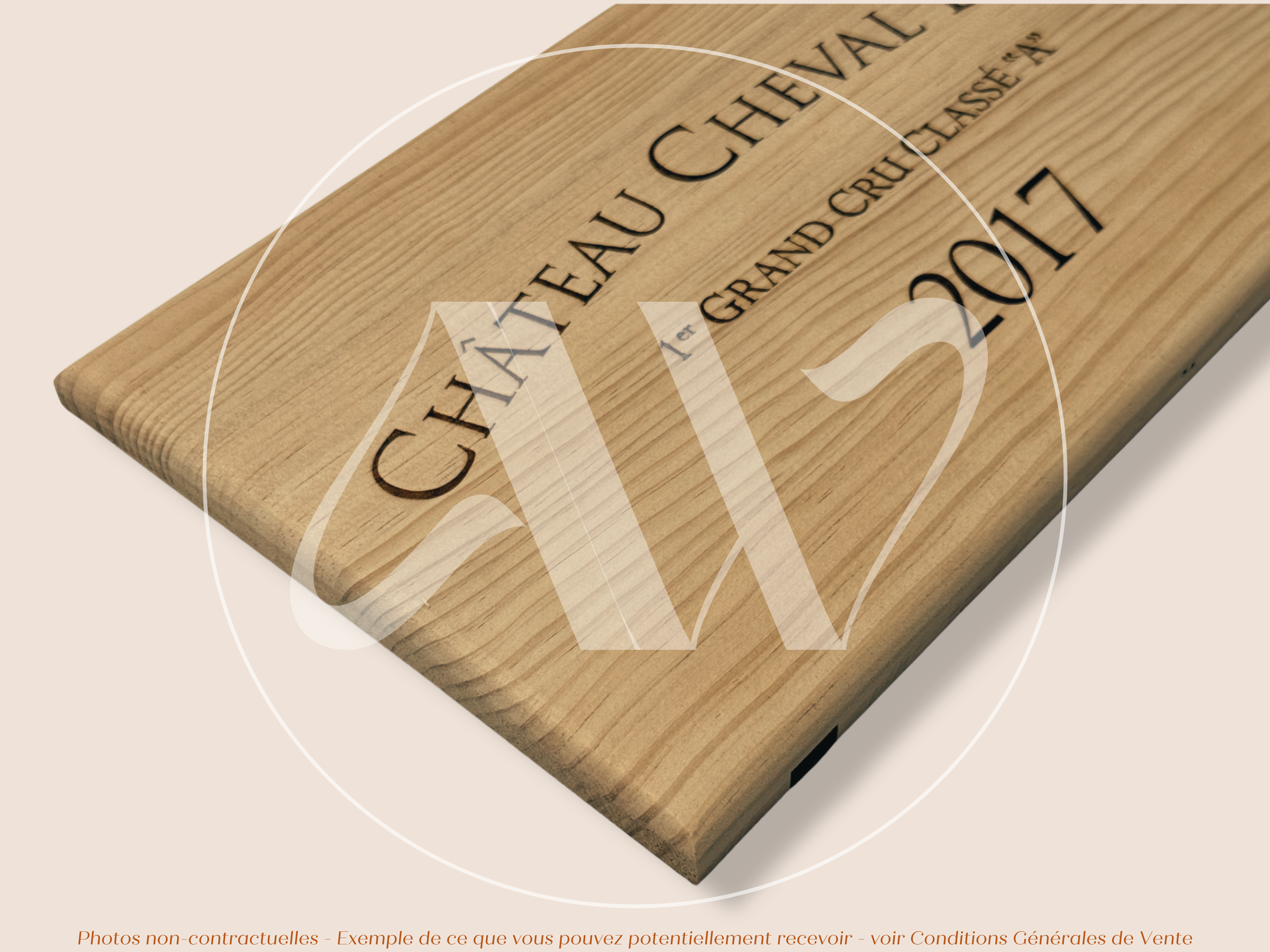 Estampe de caisse de vin Château Cheval Blanc 2017 - Bordeaux – Format 30x17 cm – Millésime 2017 - Façade Estampe bois