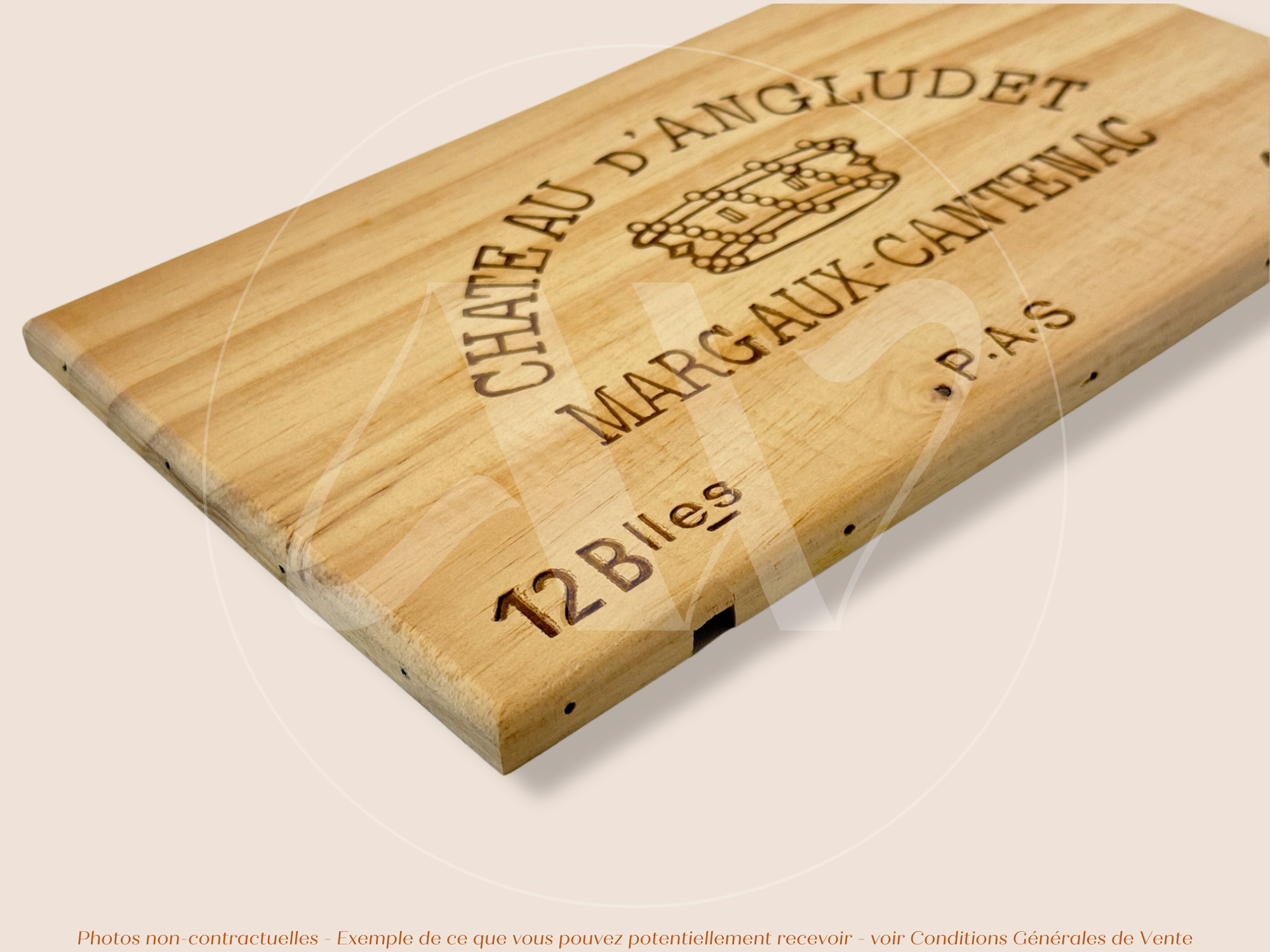 Estampe / Façade d'une caisse de vin en bois du Chateau d'Angludet - 1999 - Margaux - Bordeaux | Format : 30x17 cm