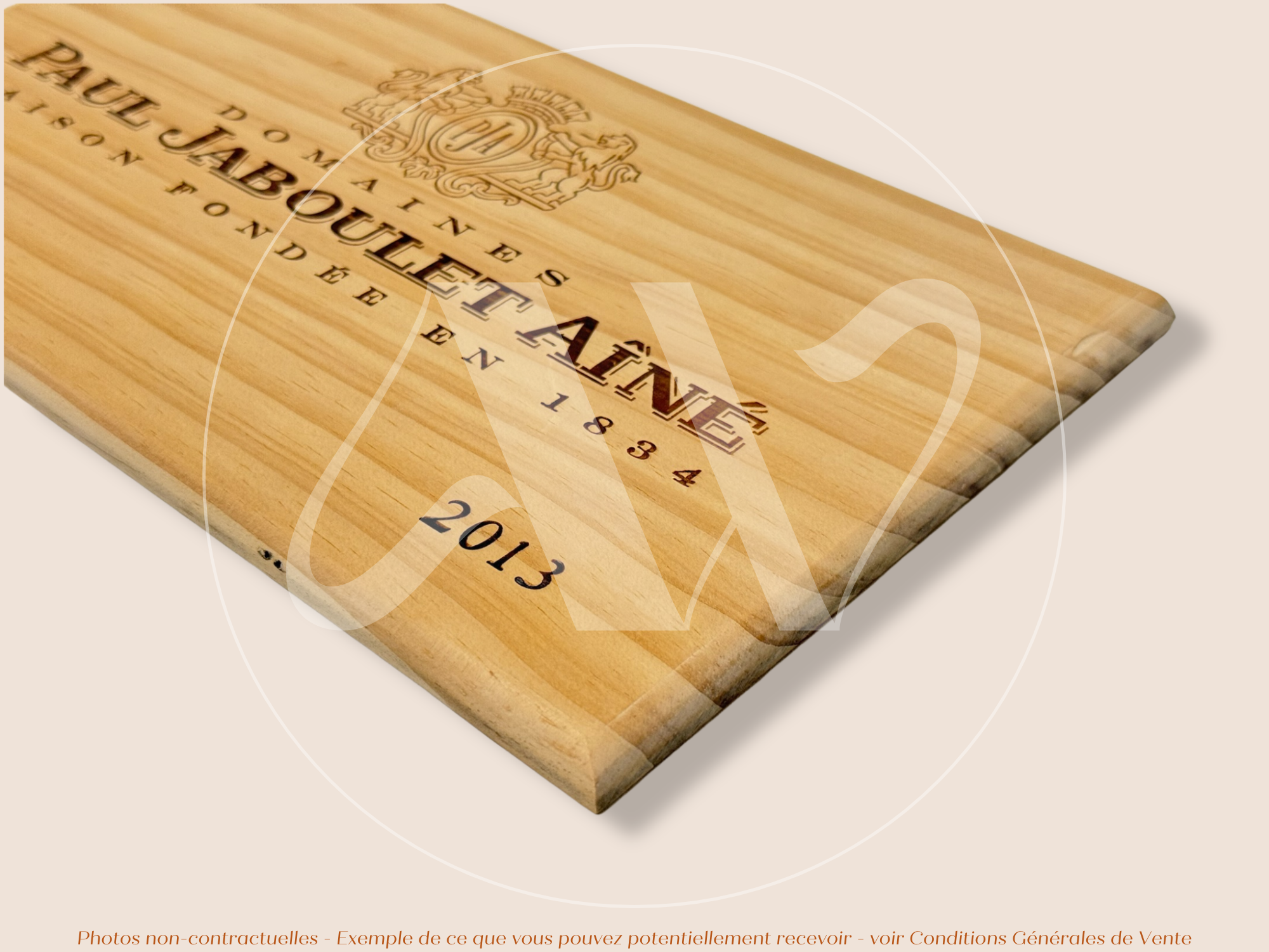 Estampe / Façade d'une caisse de vin en bois du Domaine Paul Jaboulet Ainé - 2013 - Vallée du Rhone | Format 6 bouteilles = 30x17