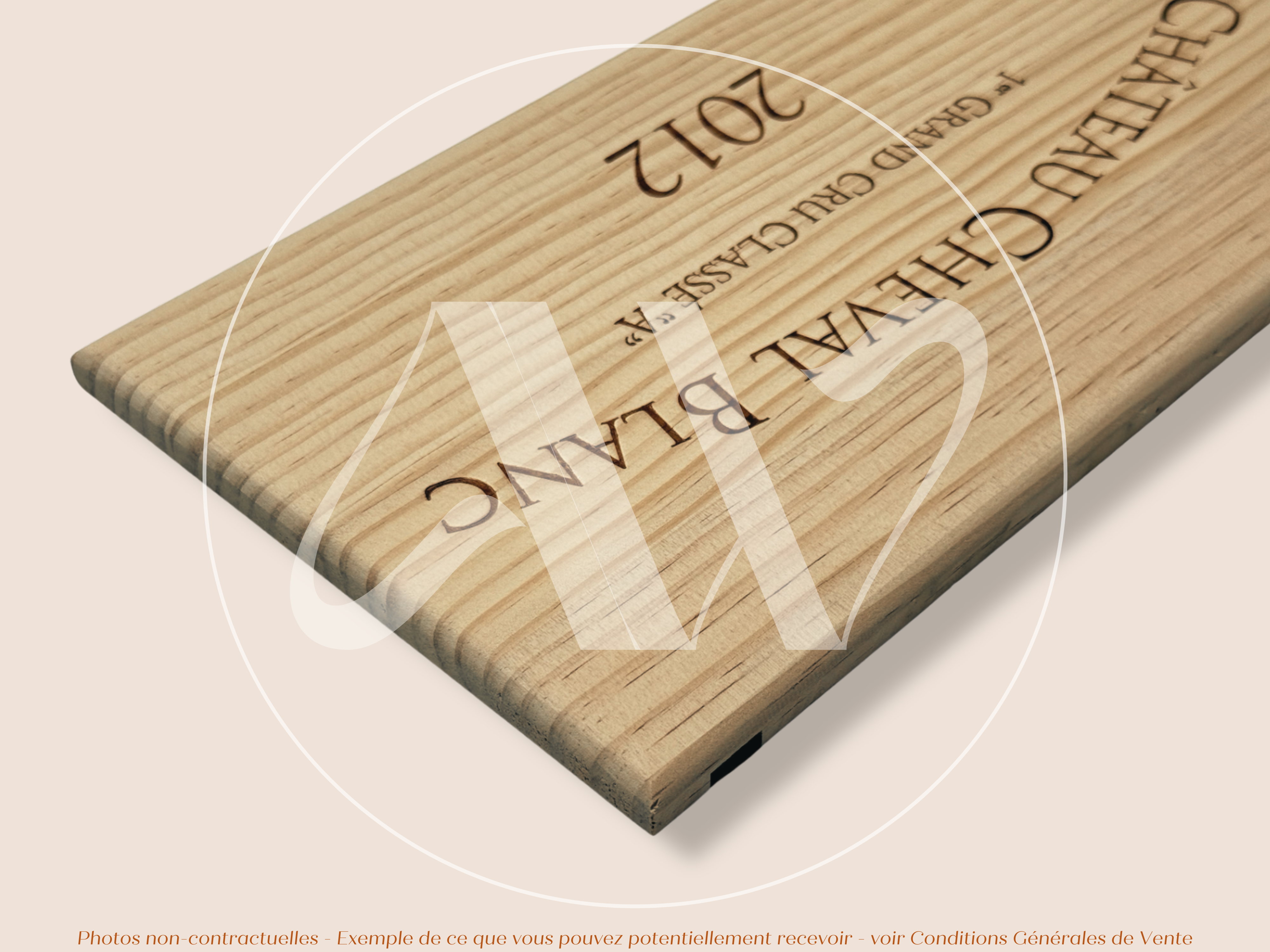Estampe de caisse de vin Château Cheval Blanc 2012 - Bordeaux – Format 30x17 cm – Millésime 2012 - Façade Estampe bois