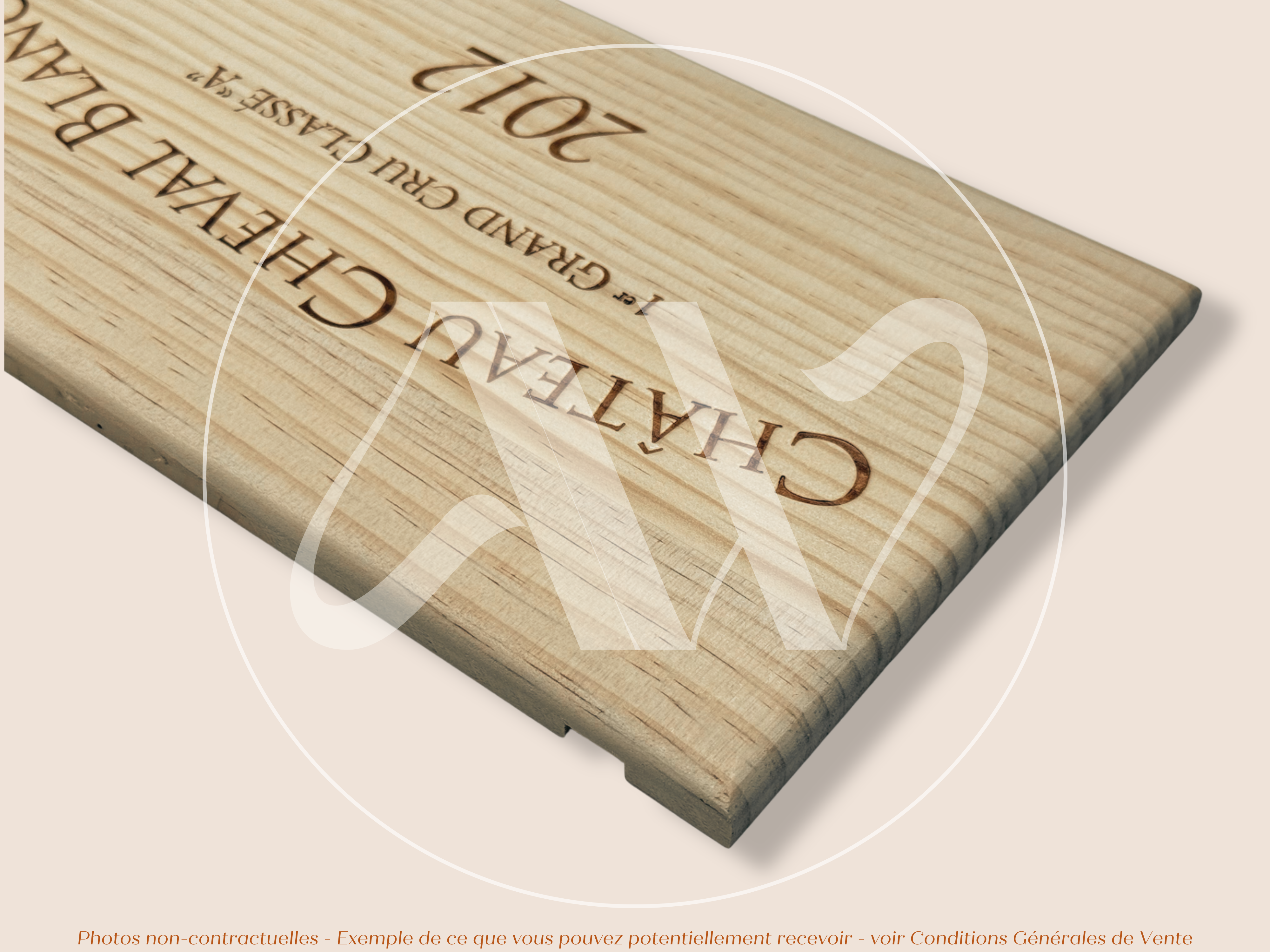 Estampe de caisse de vin Château Cheval Blanc 2012 - Bordeaux – Format 30x17 cm – Millésime 2012 - Façade Estampe bois