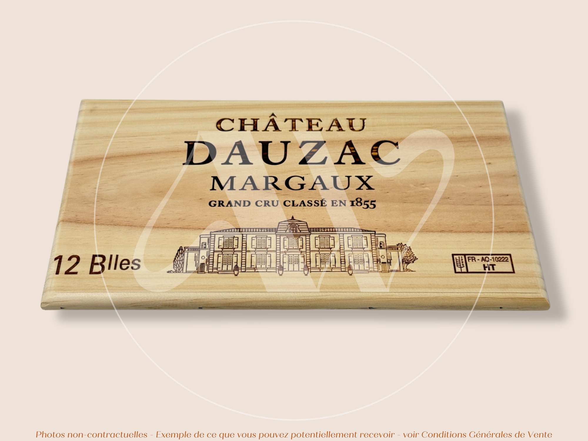 Estampe / Façade d'une caisse de vin en bois du Chateau Dauzac - Margaux - Bordeaux | Format 12 bouteilles = 30x17 cm