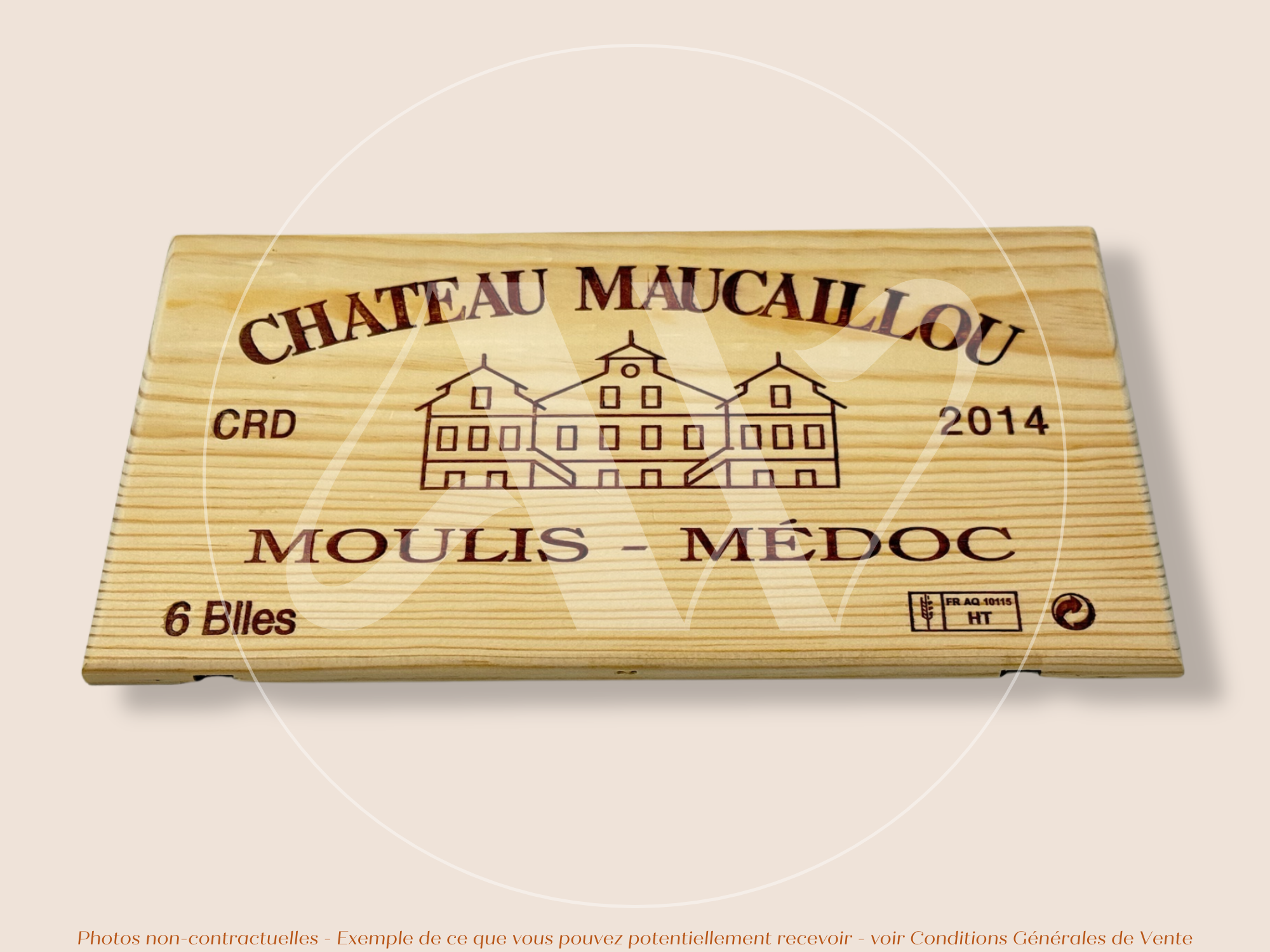 Façade Estampe bois – Château Maucaillou – Moulis-en-Médoc (Bordeaux) – Format 30x17 cm – Millésime 2014 – (Belle Pièce)