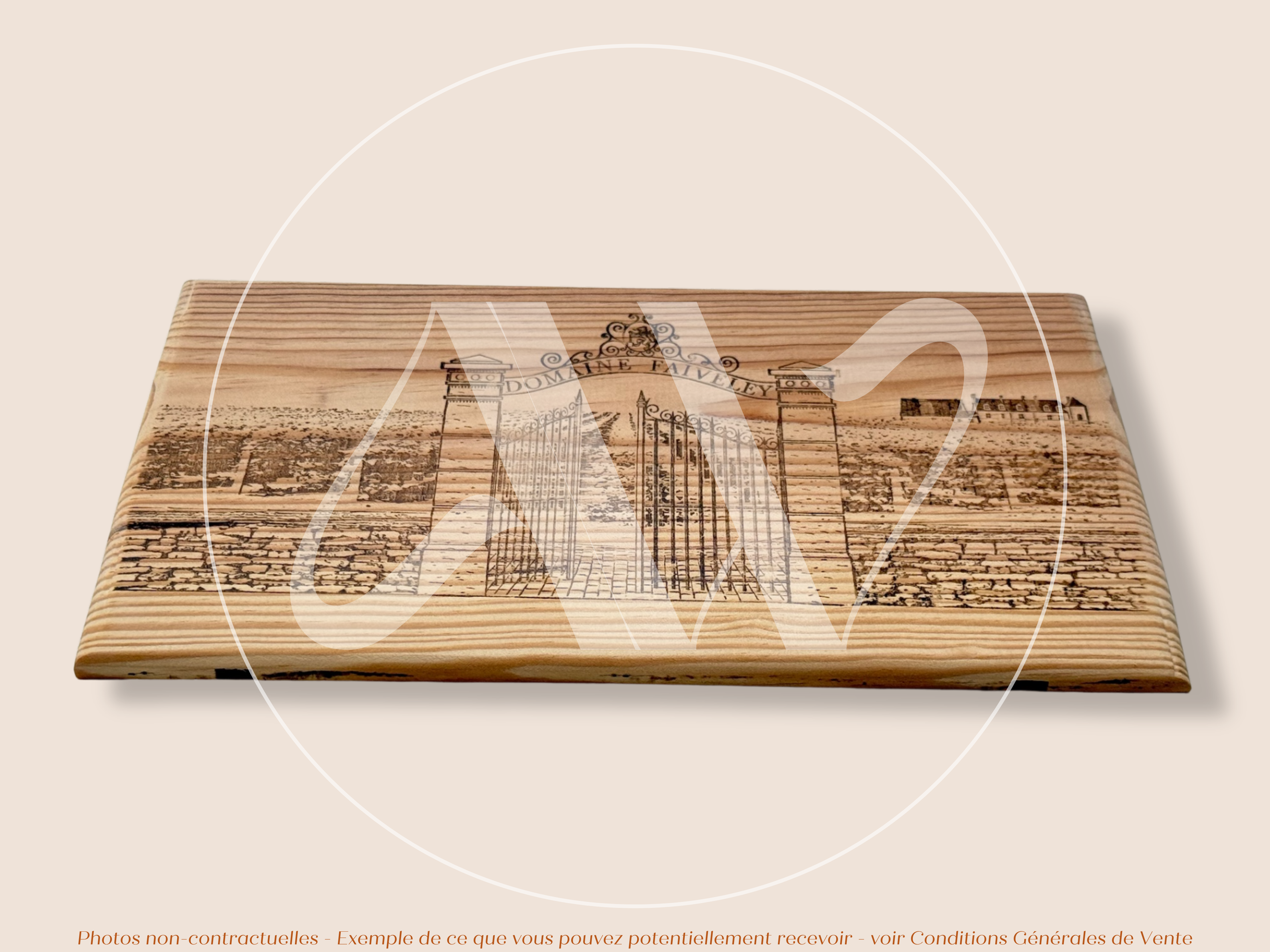 Domaine Faiveley — Nouveau modèle — Nuits-Saint-Georges — Côte de Nuits — Bourgogne — France — Sans millésime — 30 × 17 cm — Façade plaque caisse de vin en bois