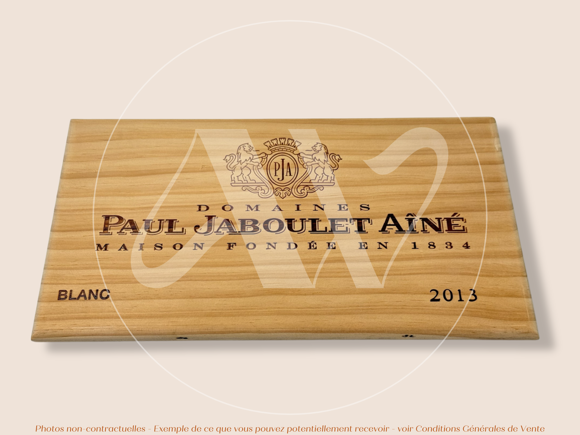 Estampe / Façade d'une caisse de vin en bois du Domaine Paul Jaboulet Ainé - 2013 - Vallée du Rhone | Format 6 bouteilles = 30x17