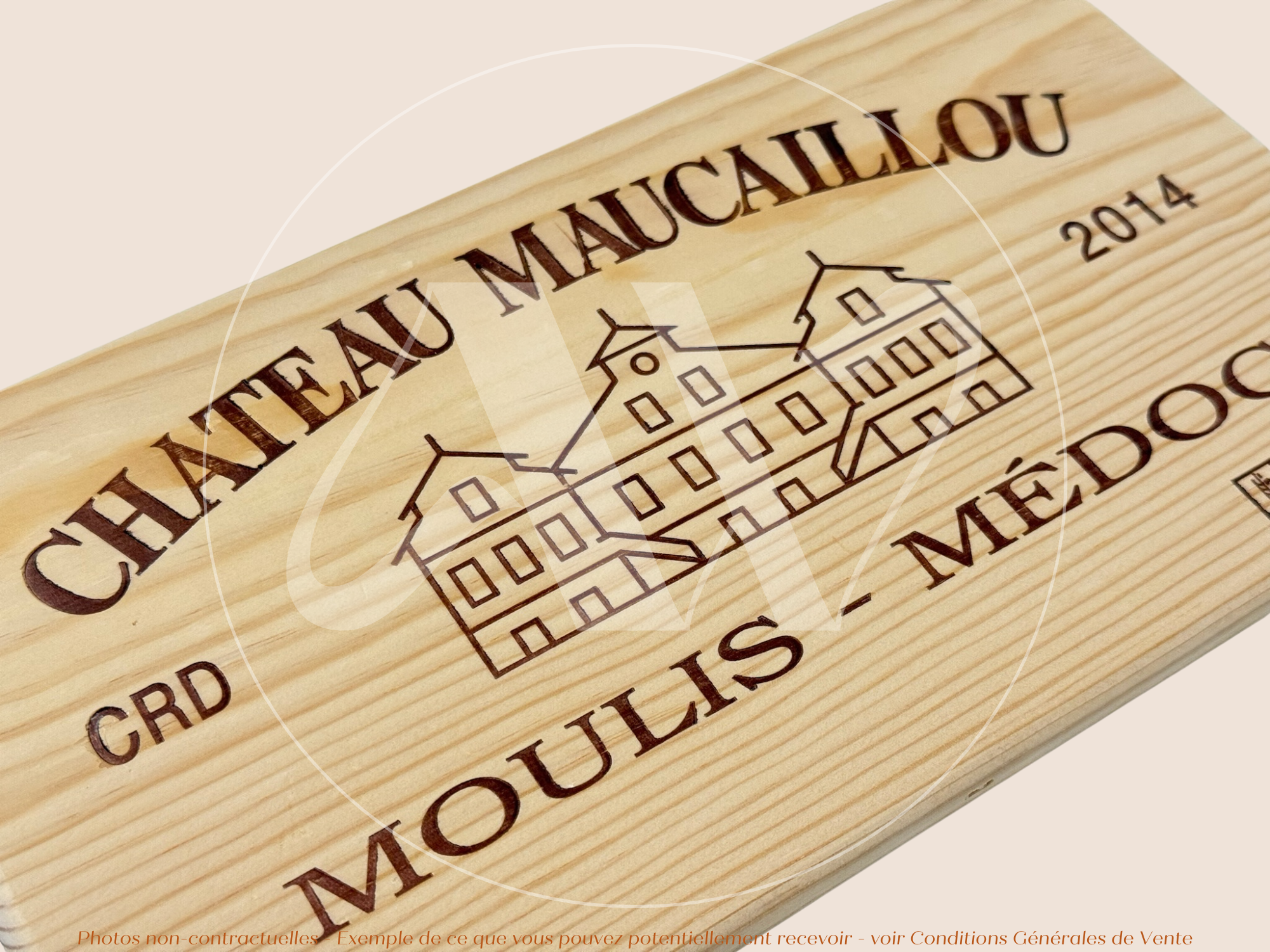 Façade Estampe bois – Château Maucaillou – Moulis-en-Médoc (Bordeaux) – Format 30x17 cm – Millésime 2014 – (Belle Pièce)