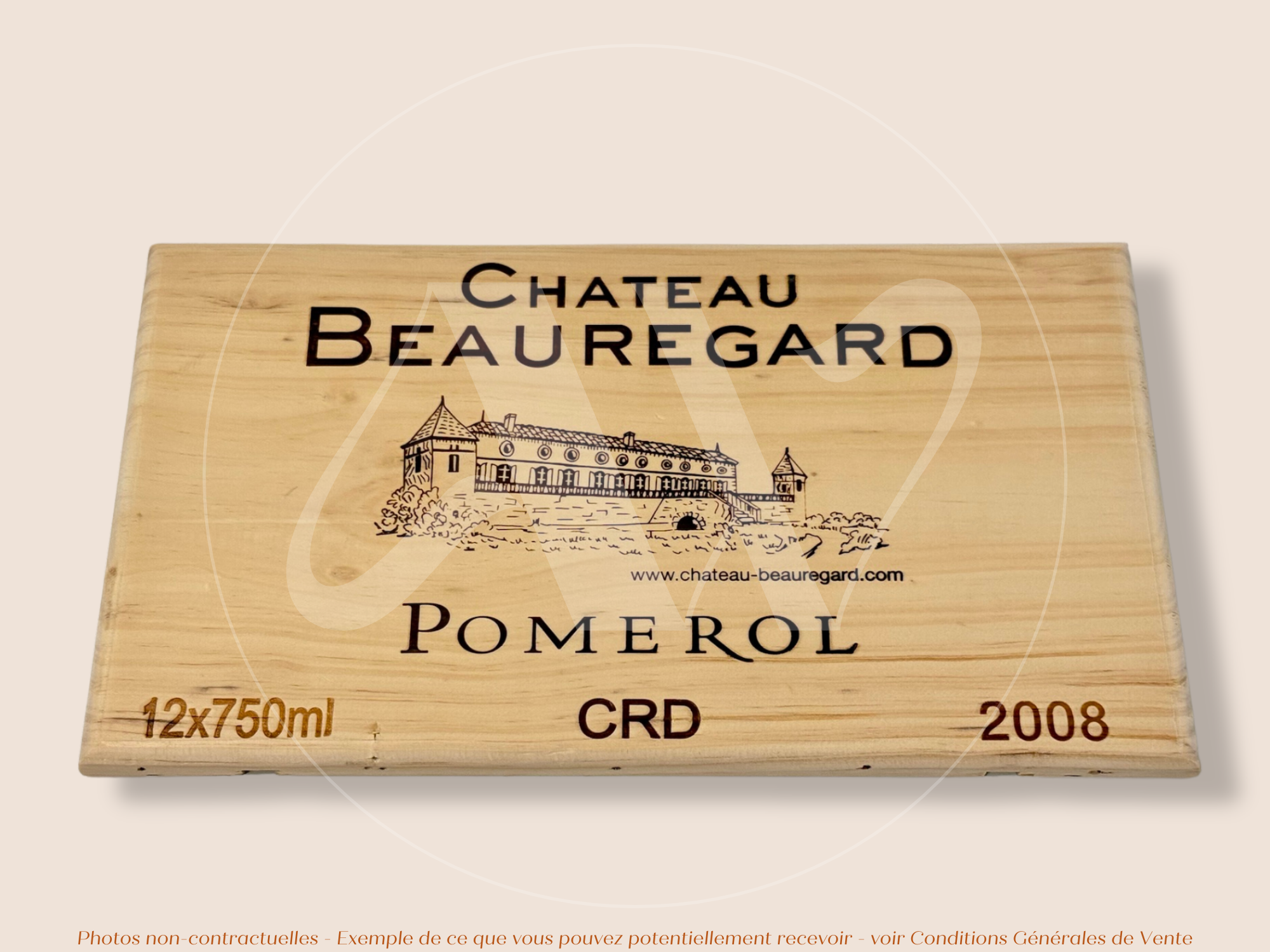 Estampe / Façade d'une caisse de vin en bois du Chateau Beauregard - Pomerol - 2008 - Bordeaux | Format 30x17 cm