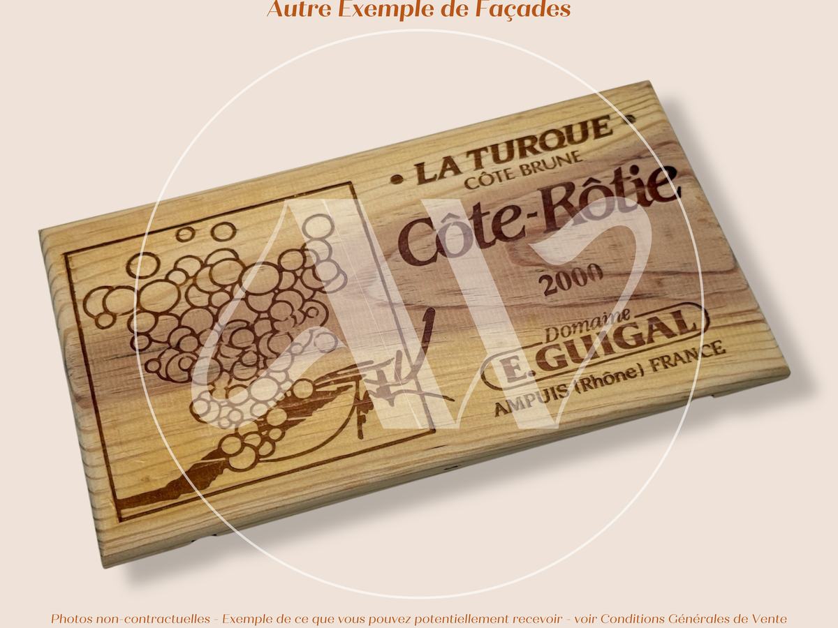 Estampe / Façade d'une caisse de vin en bois du Domaine Guigal - La Turque - Cote-Rotie | Format 6 bouteilles = 30x17 cm