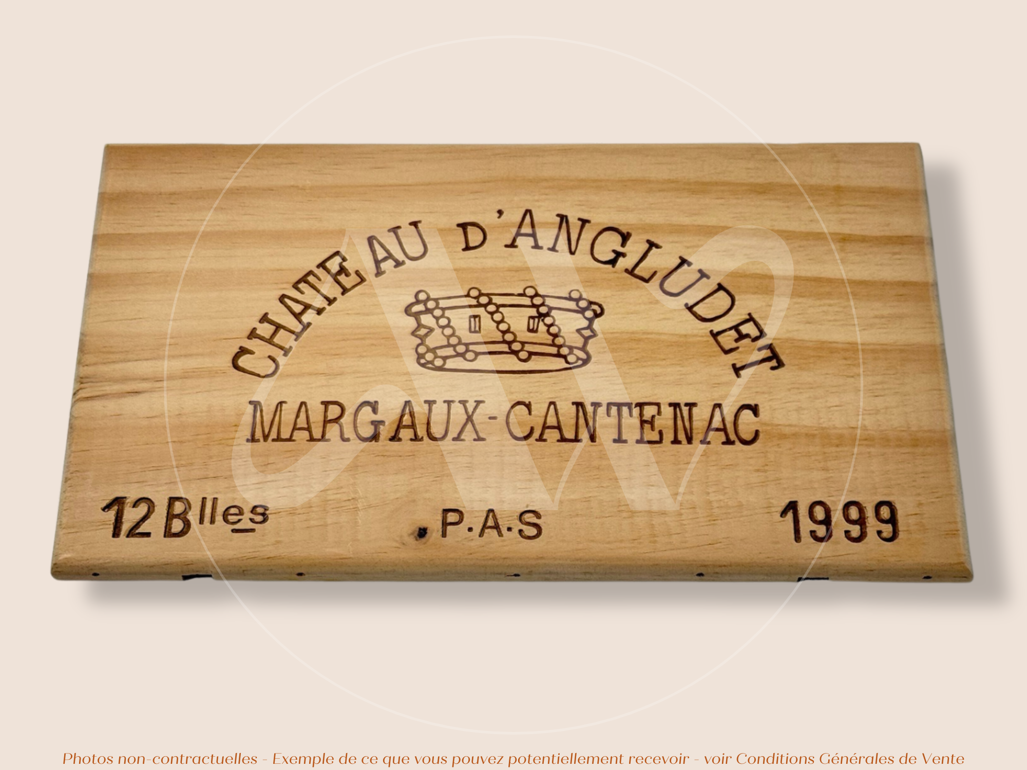 Estampe / Façade d'une caisse de vin en bois du Chateau d'Angludet - 1999 - Margaux - Bordeaux | Format : 30x17 cm