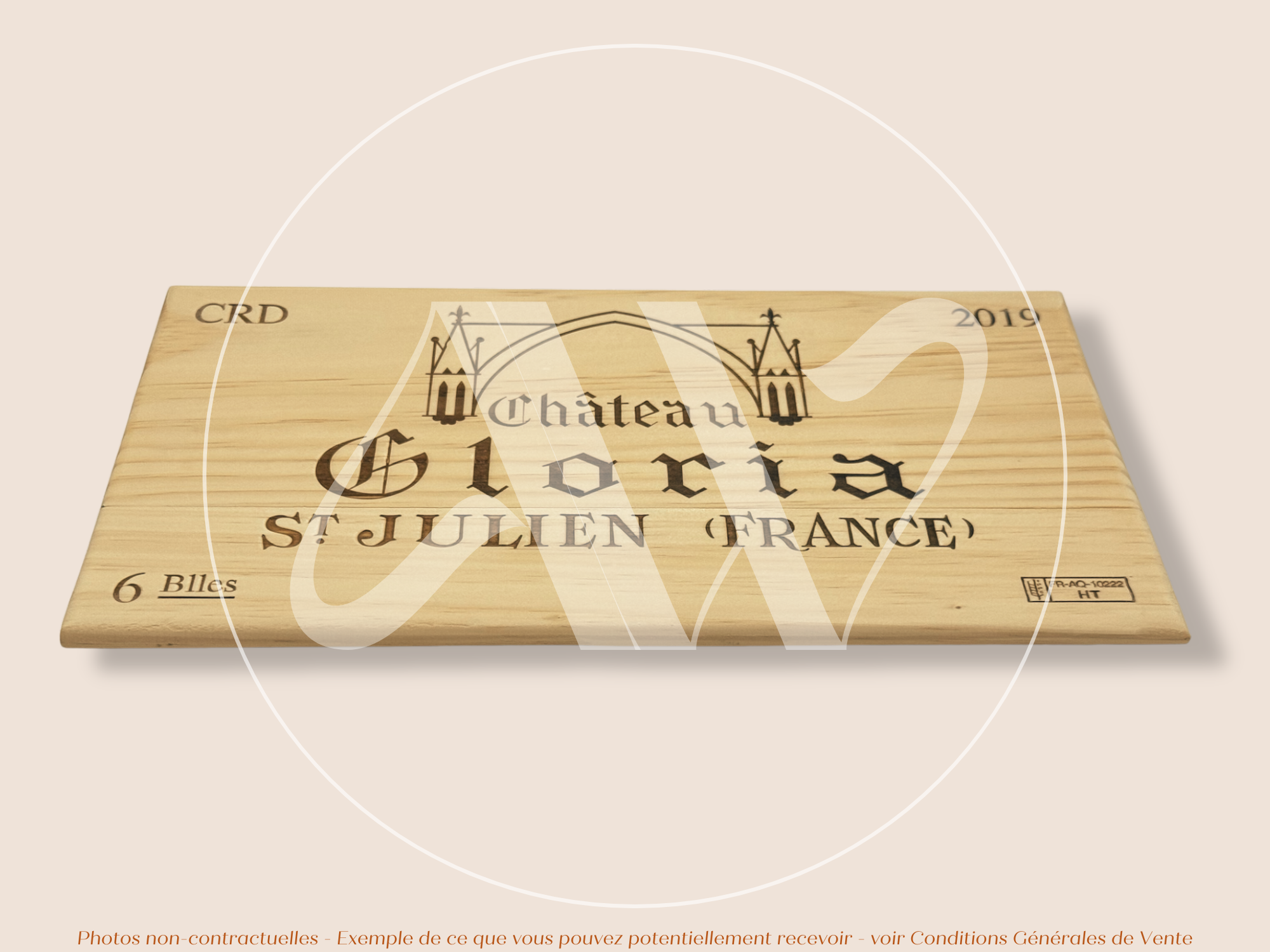 Estampe de caisse de vin – Château Gloria 2019 – Saint-Julien, Bordeaux – 30 × 17 cm – Pièce unique