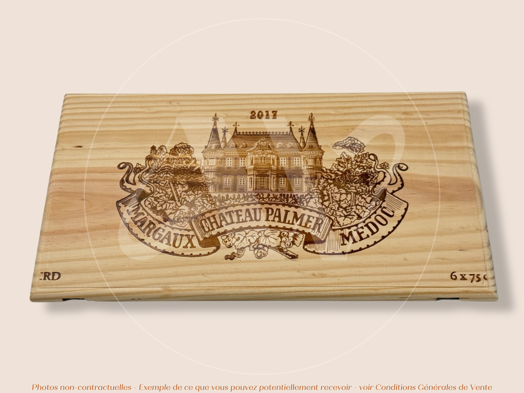 Estampe / Façade d'une caisse de vin en bois du Chateau Palmer - Millésime 2017 - Margaux - Bordeaux | Format 6 ou 12 bouteilles = 30x17 cm