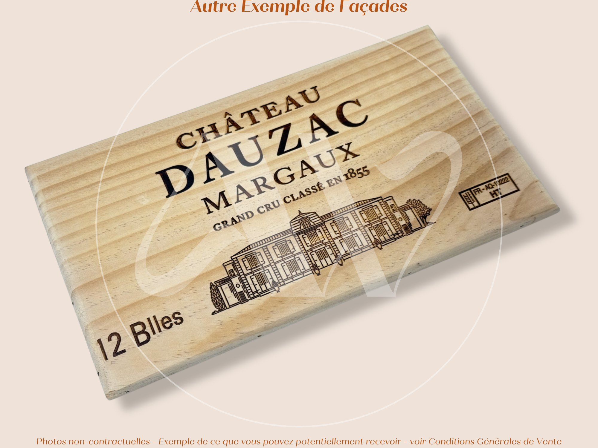 Estampe / Façade d'une caisse de vin en bois du Chateau Dauzac - Margaux - Bordeaux | Format 12 bouteilles = 30x17 cm
