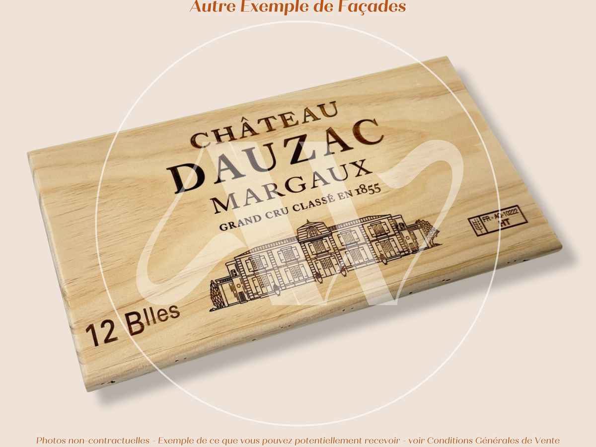 Estampe / Façade d'une caisse de vin en bois du Chateau Dauzac - Margaux - Bordeaux | Format 12 bouteilles = 30x17 cm