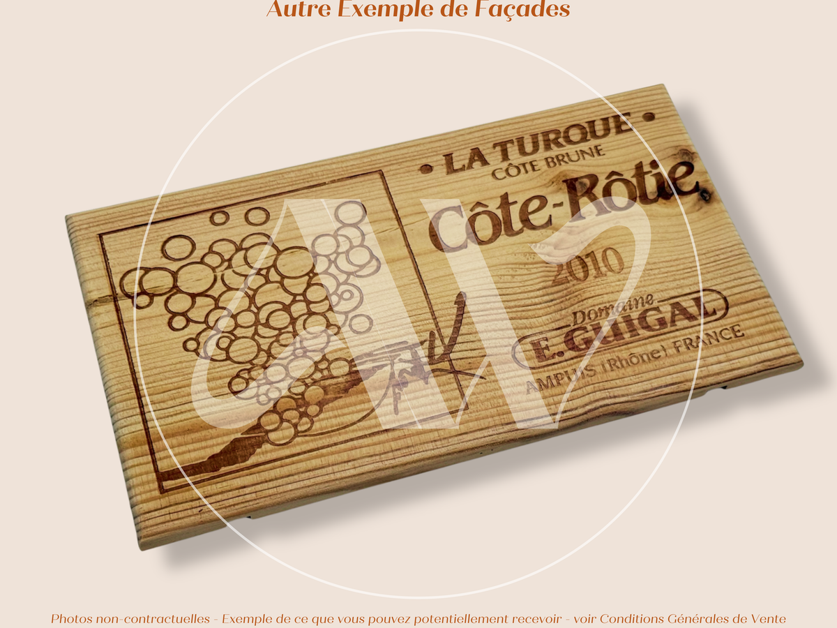 Estampe / Façade d'une caisse de vin en bois du Domaine Guigal - La Turque - Cote-Rotie | Format 6 bouteilles = 30x17 cm
