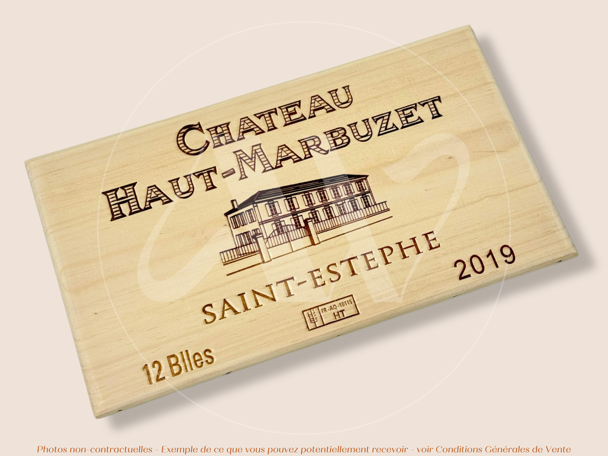 Estampe / Façade d'une caisse de vin en bois du Chateau Haut Marbuzet - Saint Estephe - 2019 - Bordeaux | Format 30x17 cm