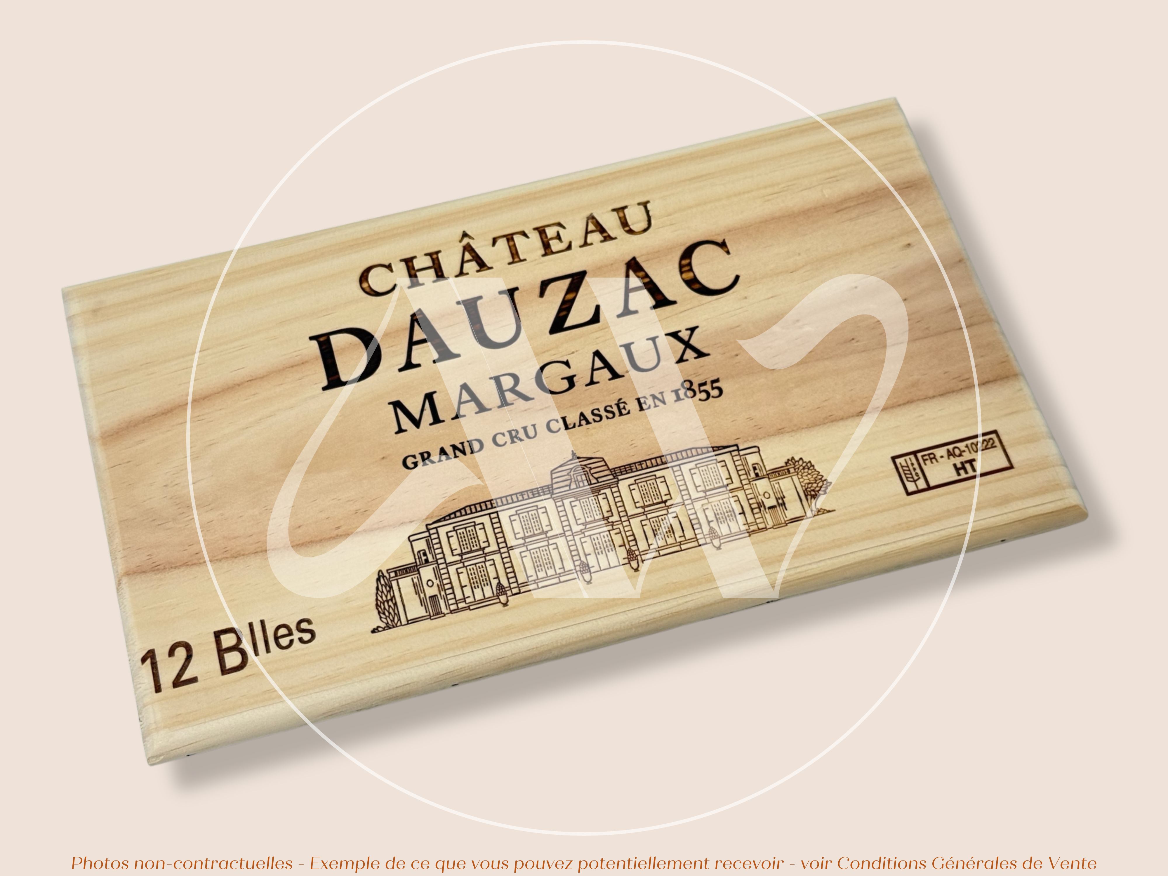 Estampe / Façade d'une caisse de vin en bois du Chateau Dauzac - Margaux - Bordeaux | Format 12 bouteilles = 30x17 cm