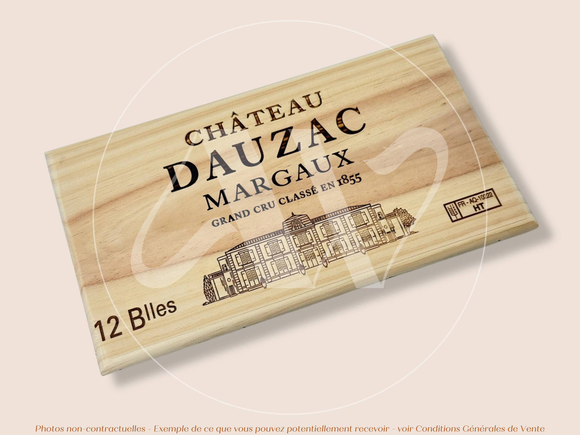 Estampe / Façade d'une caisse de vin en bois du Chateau Dauzac - Margaux - Bordeaux | Format 12 bouteilles = 30x17 cm