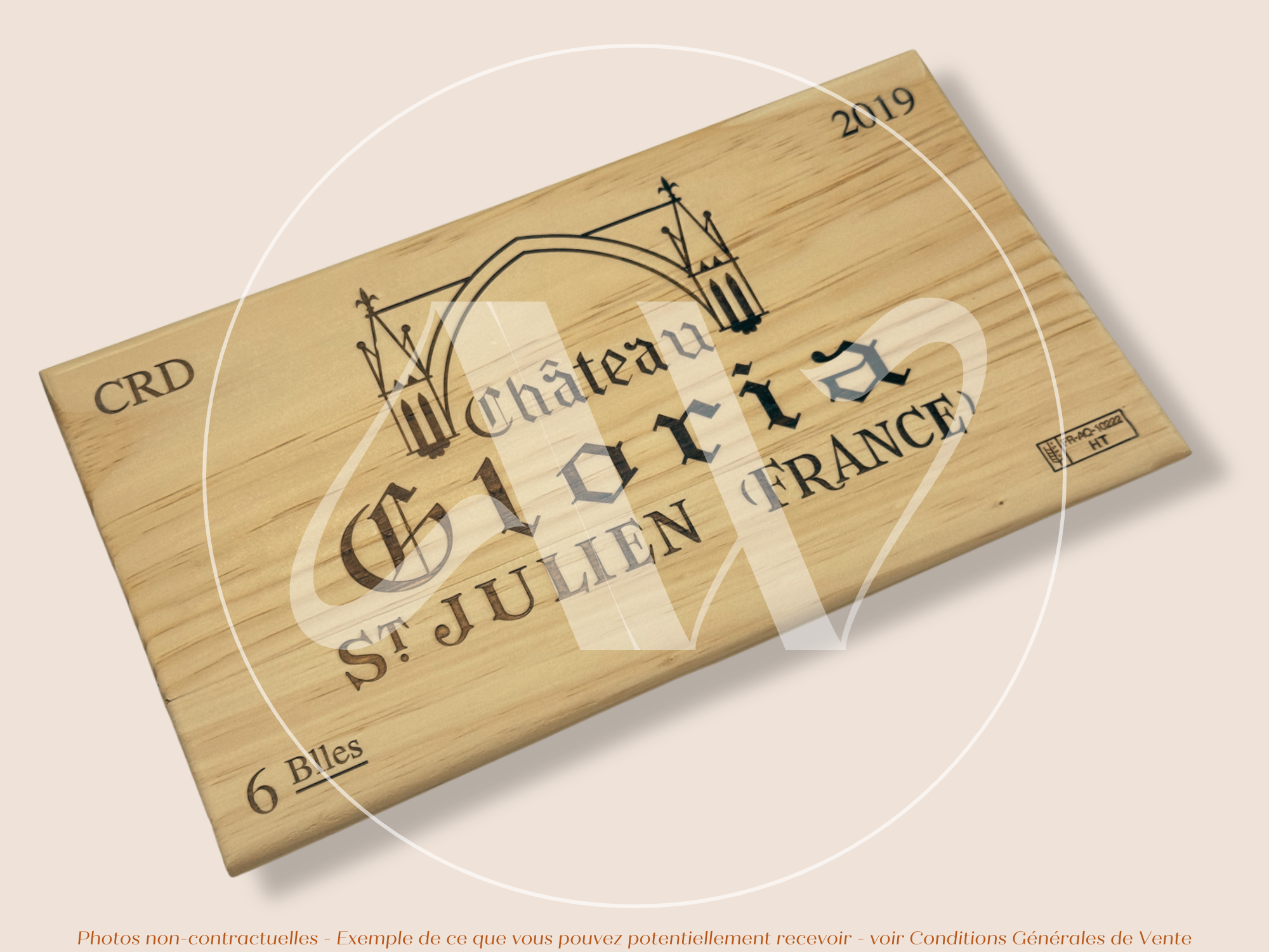 Estampe de caisse de vin – Château Gloria 2019 – Saint-Julien, Bordeaux – 30 × 17 cm – Pièce unique