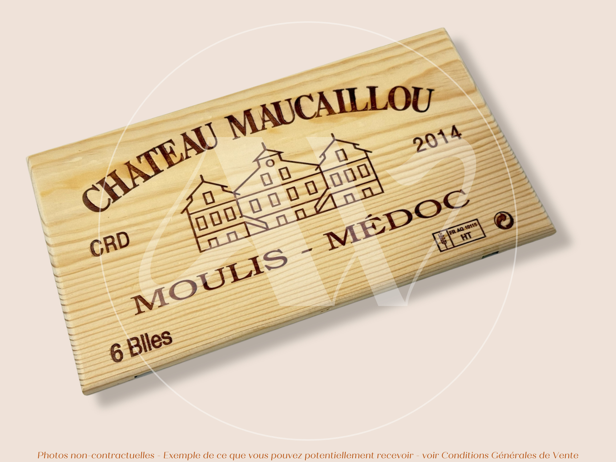 Façade Estampe bois – Château Maucaillou – Moulis-en-Médoc (Bordeaux) – Format 30x17 cm – Millésime 2014 – (Belle Pièce)