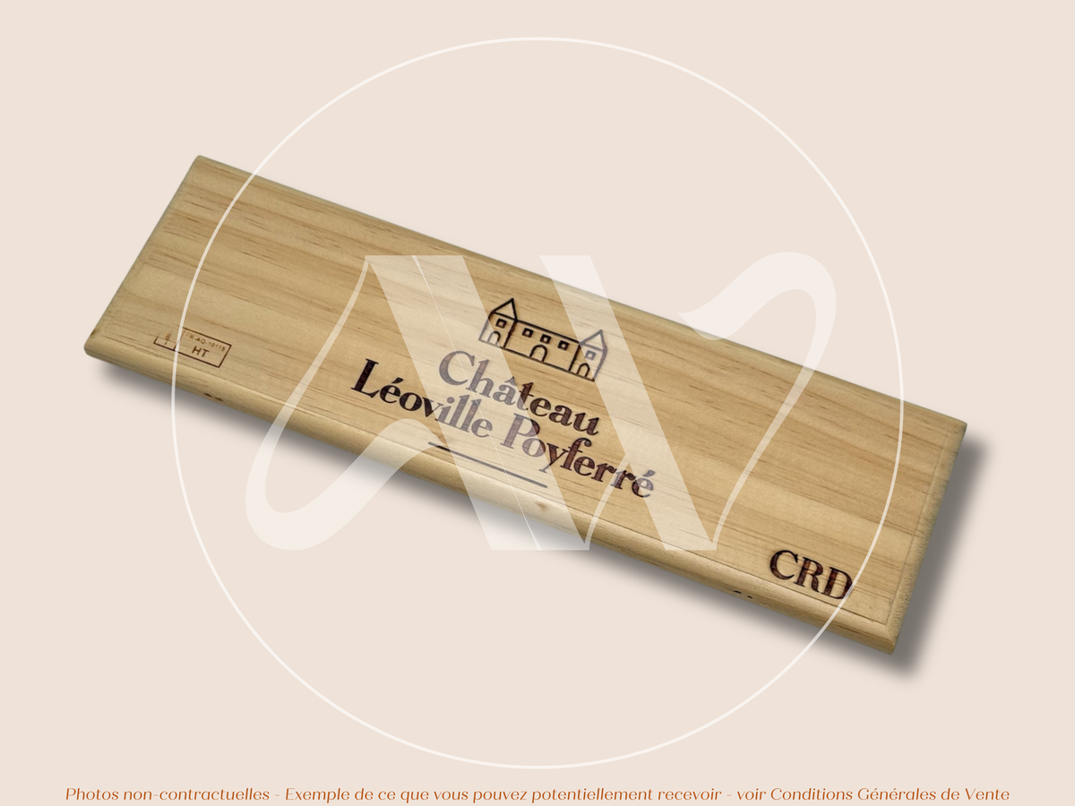 Estampe / Façade d'une caisse de vin en bois du Chateau Leoville Poyferré - Saint Julien - Bordeaux | Format 1 bouteille = 30x9 cm
