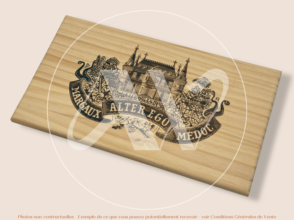 Estampe / Façade d'une caisse de vin en bois du Chateau Palmer - Alter Ego - Margaux - Bordeaux | Format 6 bouteilles = 30x17 cm