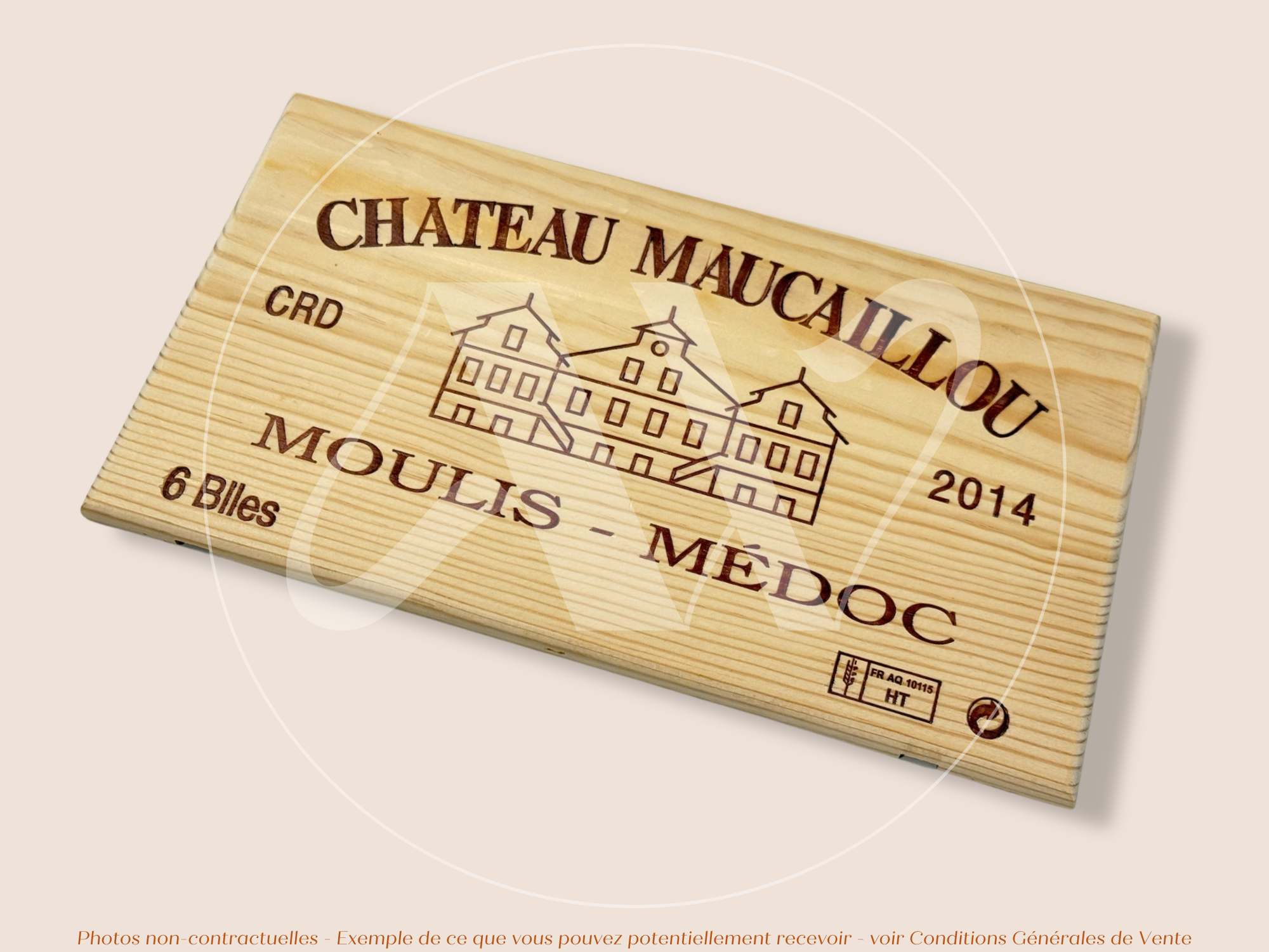 Façade Estampe bois – Château Maucaillou – Moulis-en-Médoc (Bordeaux) – Format 30x17 cm – Millésime 2014 – (Belle Pièce)