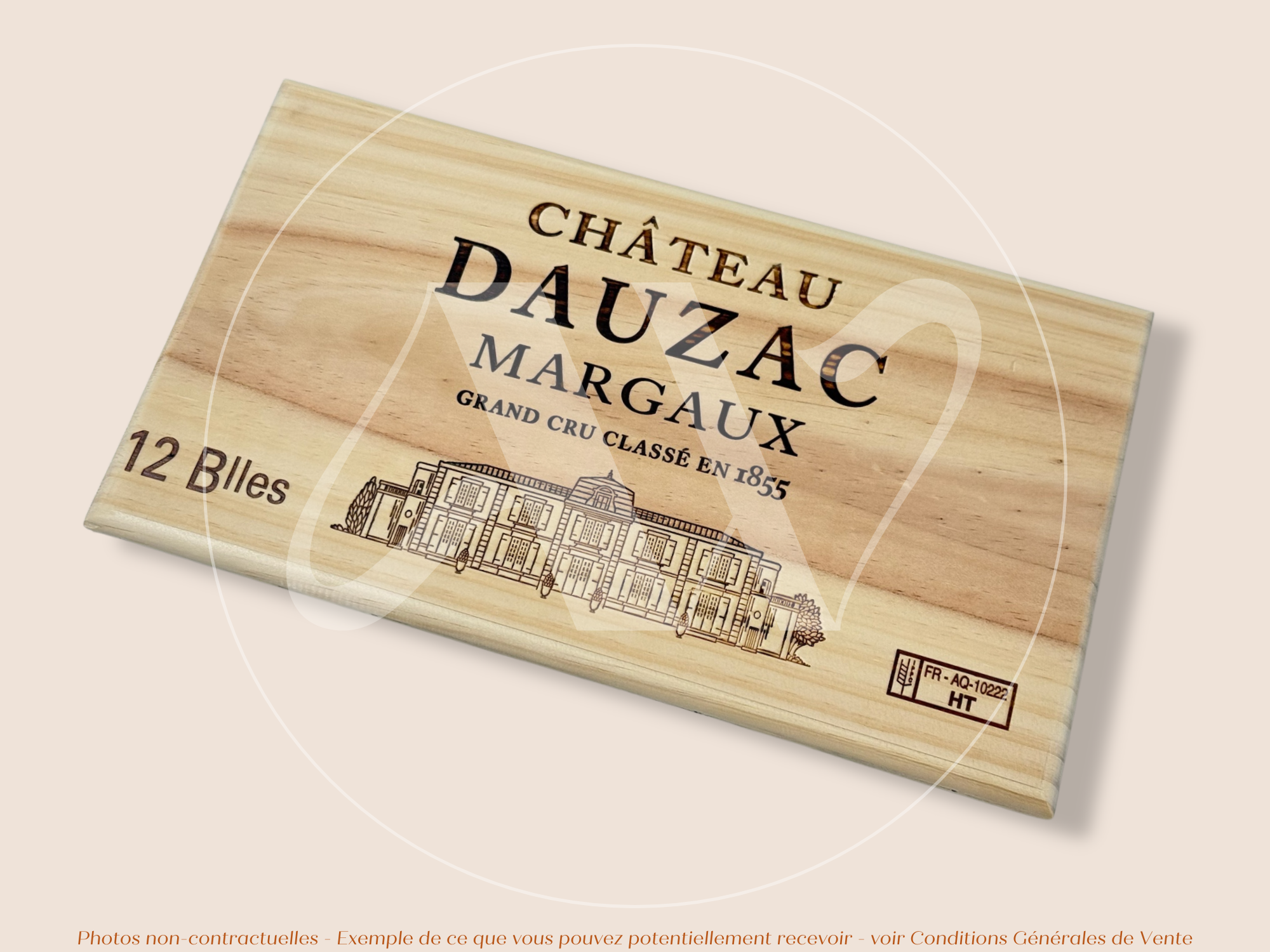 Estampe / Façade d'une caisse de vin en bois du Chateau Dauzac - Margaux - Bordeaux | Format 12 bouteilles = 30x17 cm