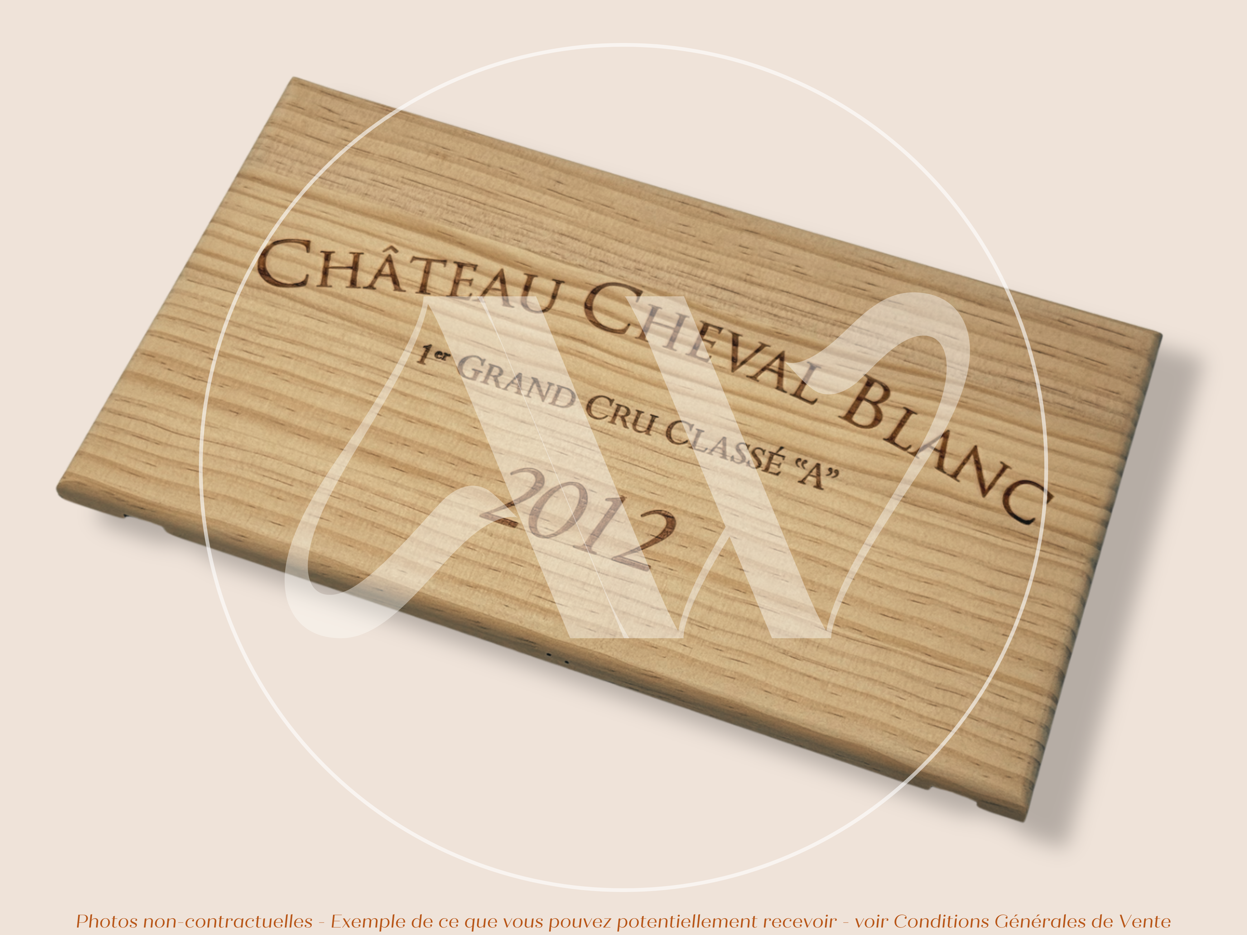Estampe de caisse de vin Château Cheval Blanc 2012 - Bordeaux – Format 30x17 cm – Millésime 2012 - Façade Estampe bois