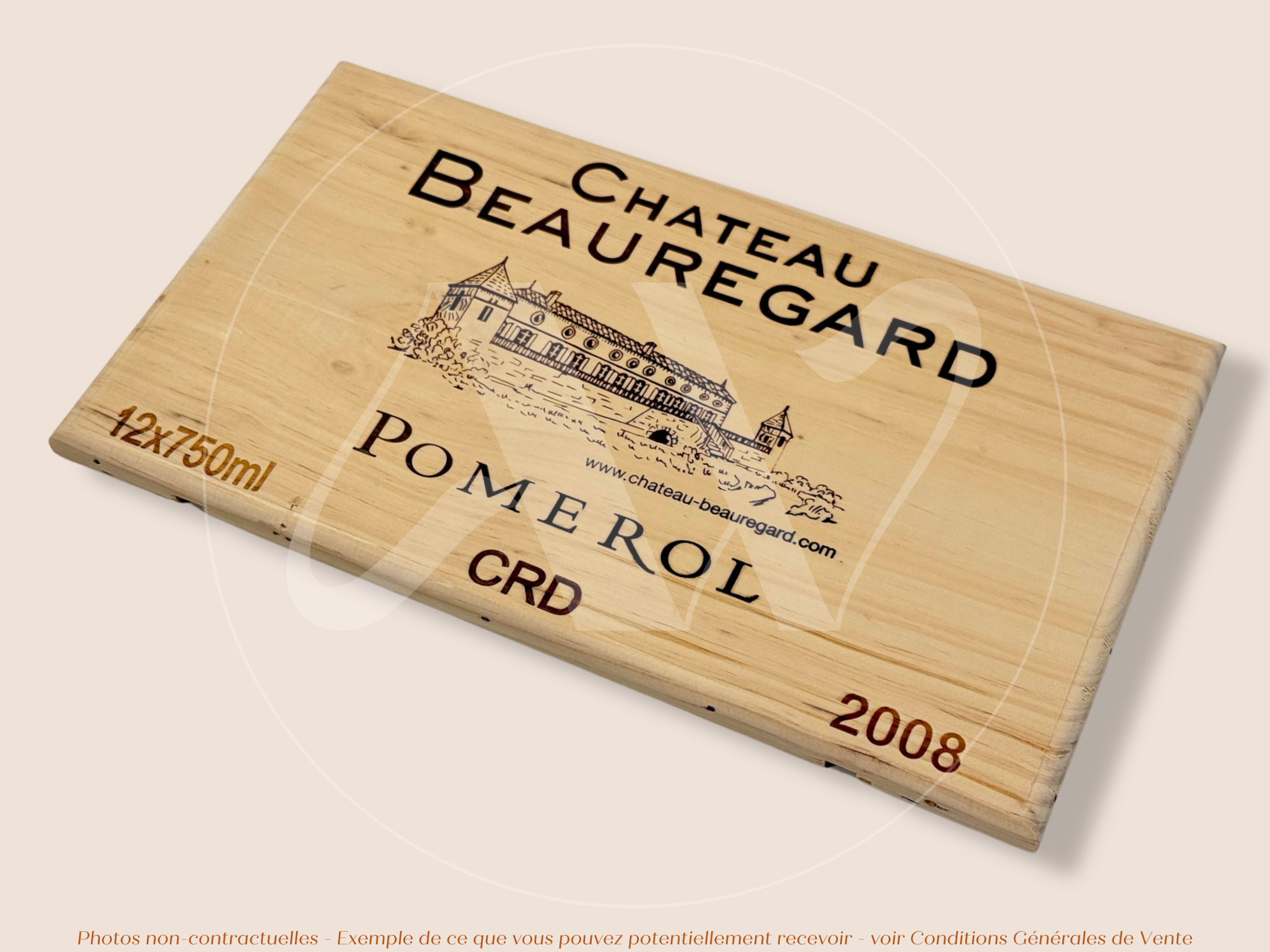 Estampe / Façade d'une caisse de vin en bois du Chateau Beauregard - Pomerol - 2008 - Bordeaux | Format 30x17 cm