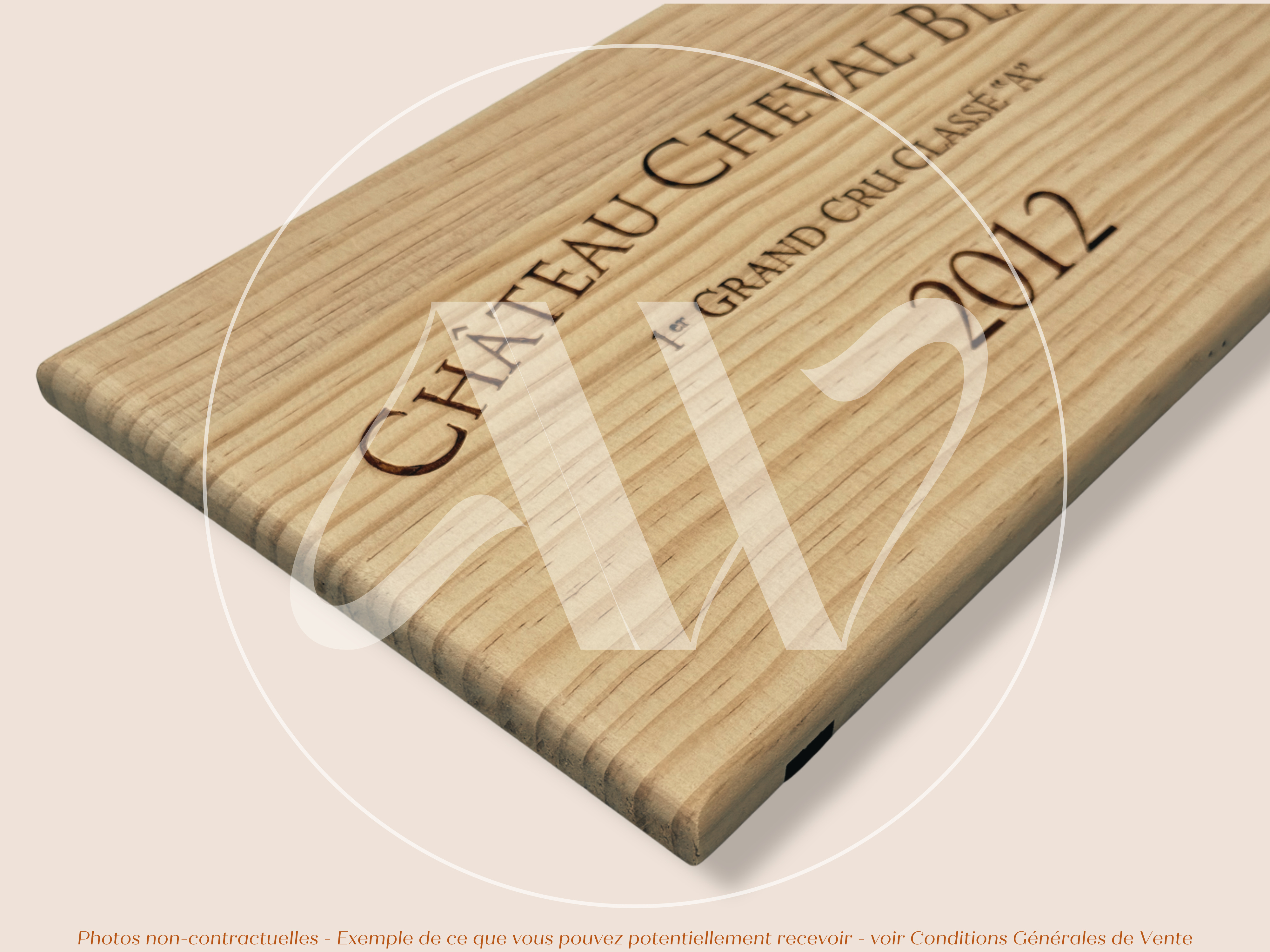 Estampe de caisse de vin Château Cheval Blanc 2012 - Bordeaux – Format 30x17 cm – Millésime 2012 - Façade Estampe bois