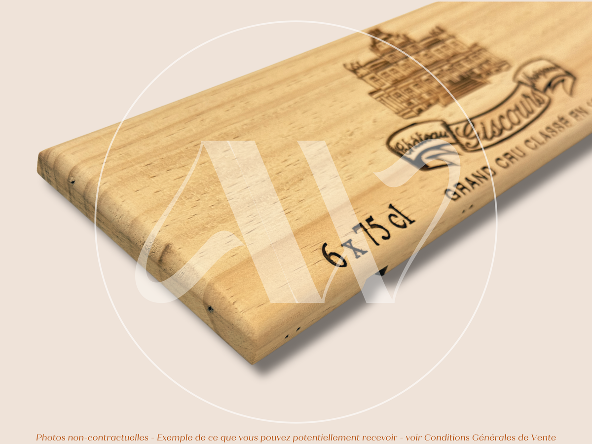 Estampe / Façade d'une caisse de vin en bois du Chateau Giscours - Bordeaux | Format 6 bouteille = 30x9 cm