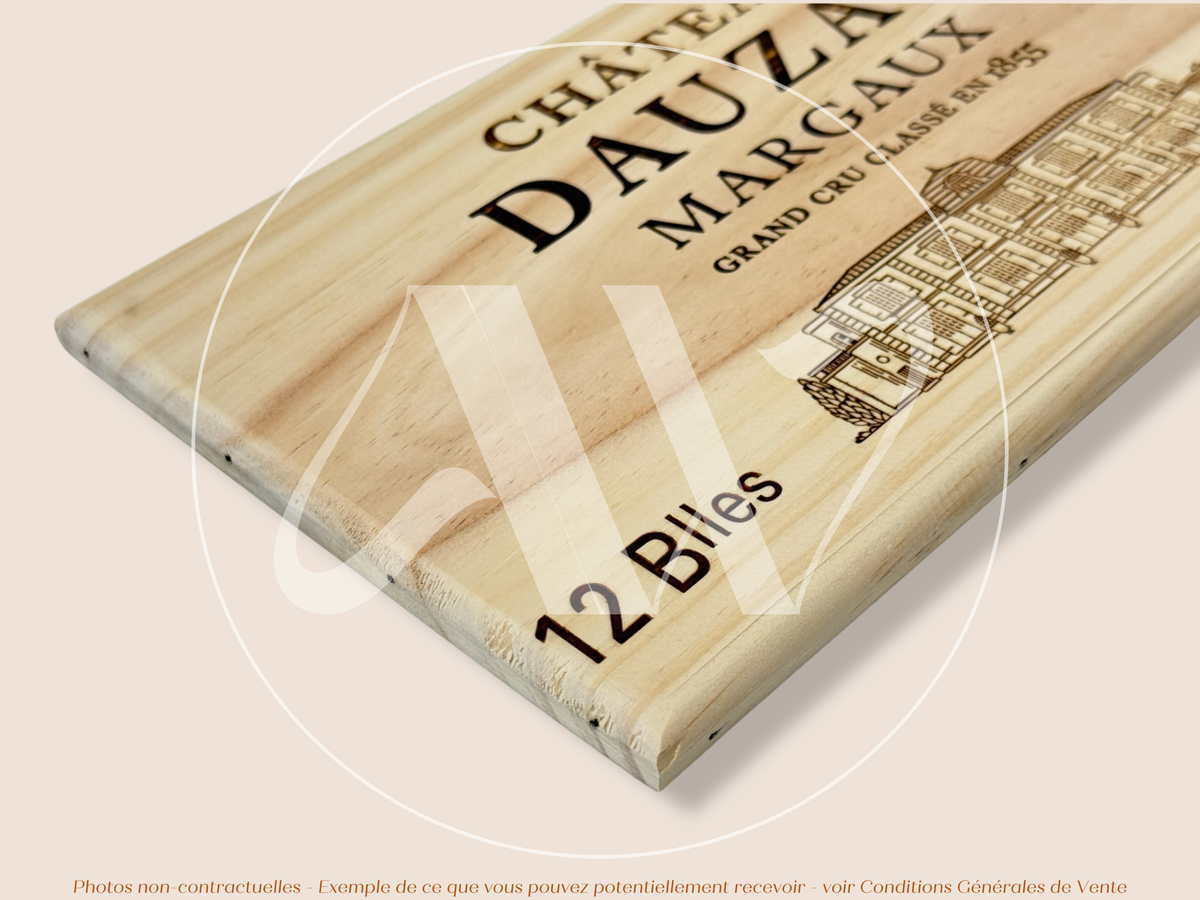 Estampe / Façade d'une caisse de vin en bois du Chateau Dauzac - Margaux - Bordeaux | Format 12 bouteilles = 30x17 cm