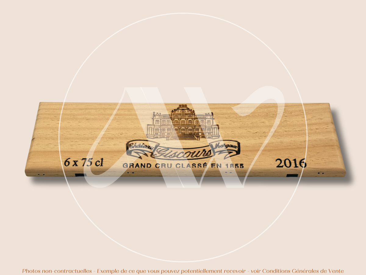 Estampe / Façade d'une caisse de vin en bois du Chateau Giscours - Bordeaux | Format 6 bouteille = 30x9 cm