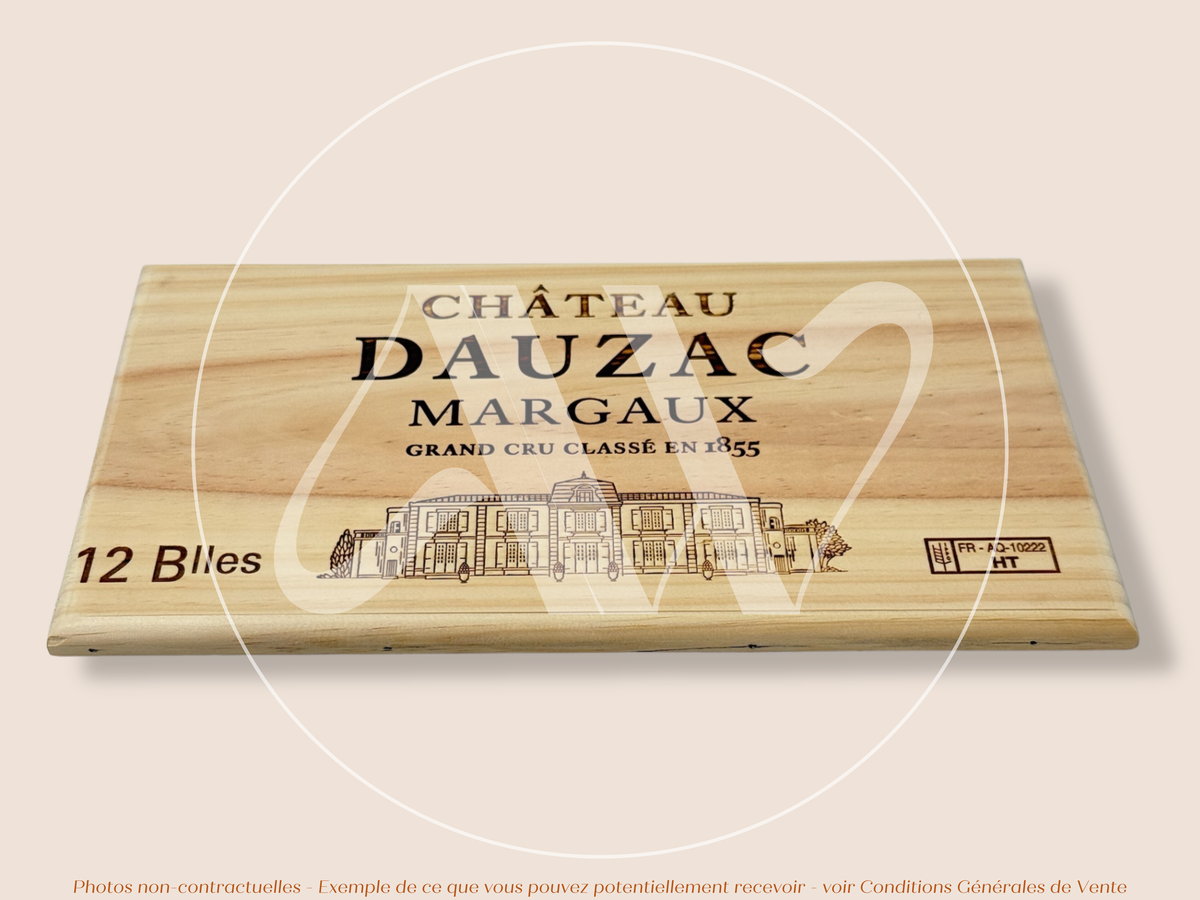 Estampe / Façade d'une caisse de vin en bois du Chateau Dauzac - Margaux - Bordeaux | Format 12 bouteilles = 30x17 cm