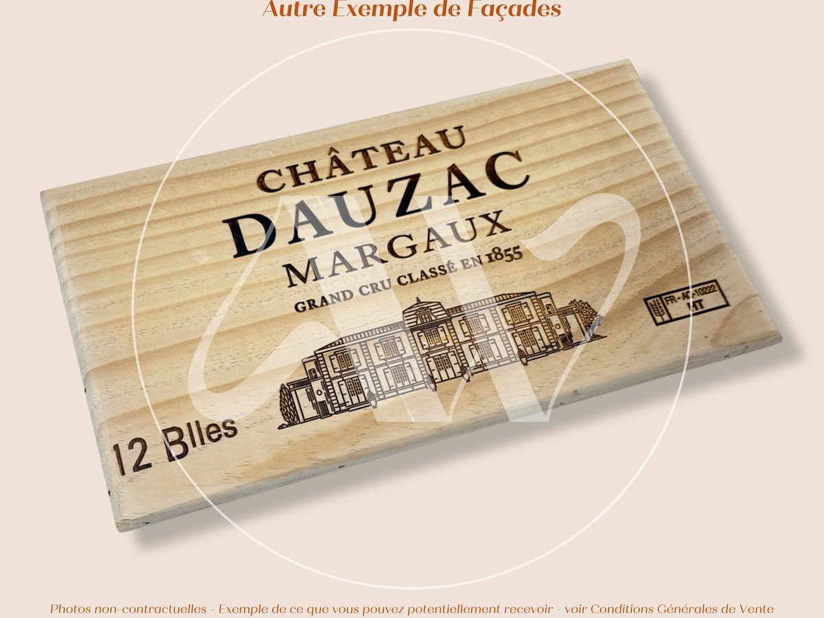 Estampe / Façade d'une caisse de vin en bois du Chateau Dauzac - Margaux - Bordeaux | Format 12 bouteilles = 30x17 cm