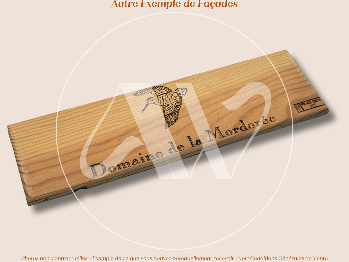 Estampe / Façade d'une caisse de vin en bois du Domaine de la Mordorée - Vallée du Rhône | Format 1 bouteille = 30x9 cm
