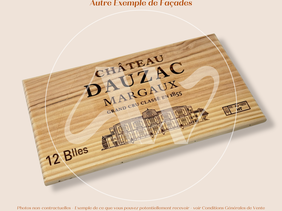 Estampe / Façade d'une caisse de vin en bois du Chateau Dauzac - Margaux - Bordeaux | Format 12 bouteilles = 30x17 cm